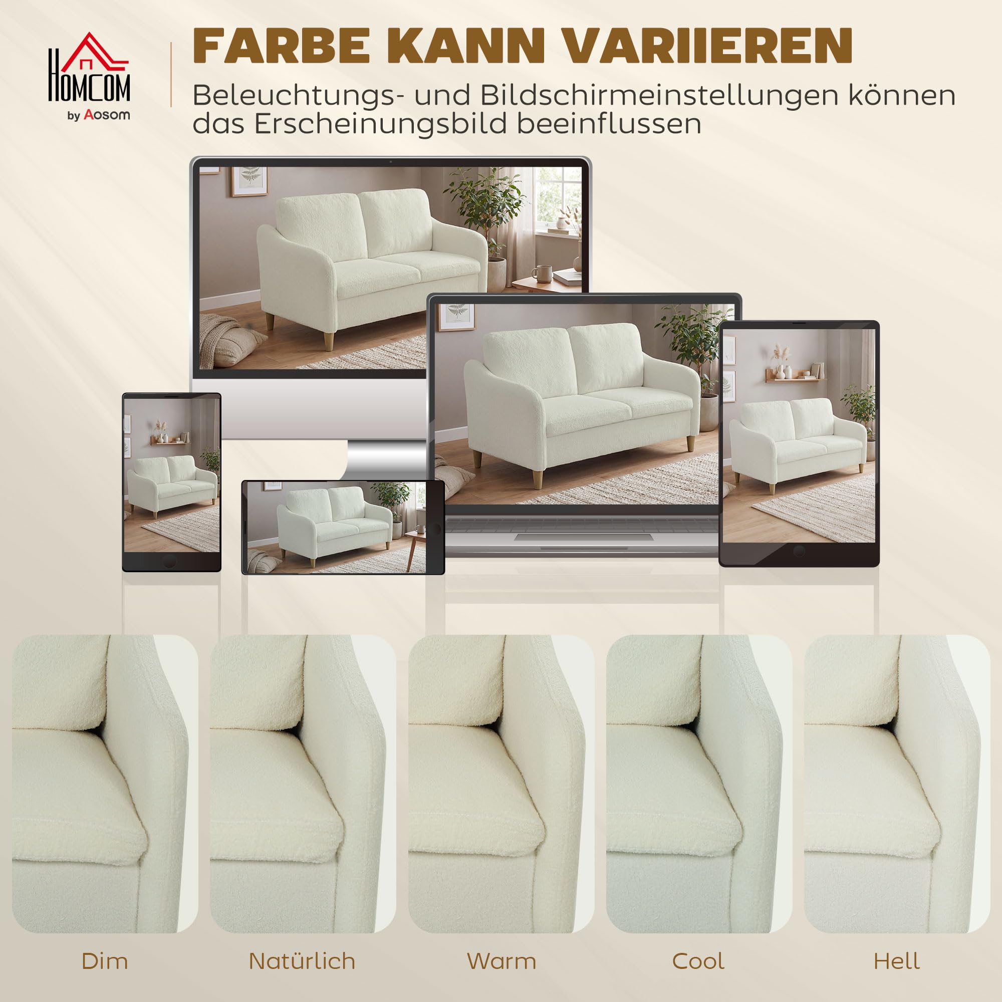 HOMCOM Sofa 2 Sitzer mit Sherpa-Fleece-Optik 137 cm Cremeweiß | Kleine Couch, Dick Gepolstert, Modernes Polstersofa, Doppelsofa, Wohnzimmer, Schlafzimmer