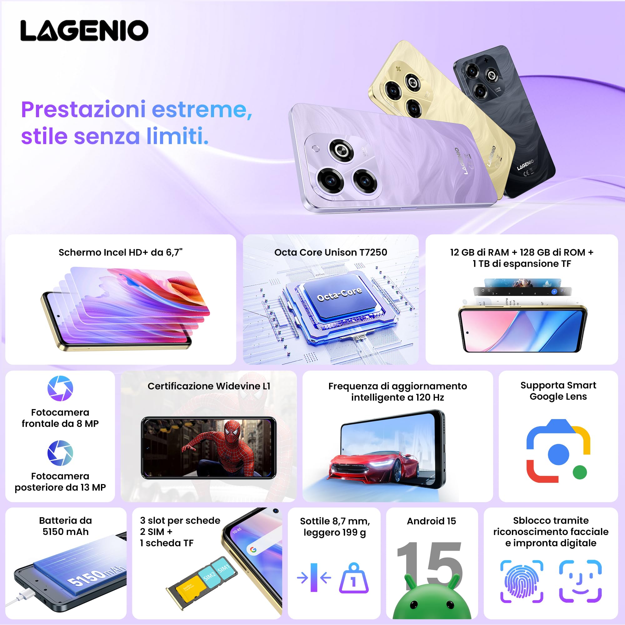 A11 Smartphone Android 15, 12GB RAM+128GB ROM/TF 1TB, 6.7'' HD+120Hz, Octa-Core Unisoc T7250 Telefono Cellulare, 5150mAh/13MP+8MP/Fingerprint/Face ID/4G Dual SIM/Widevine L1/OTG