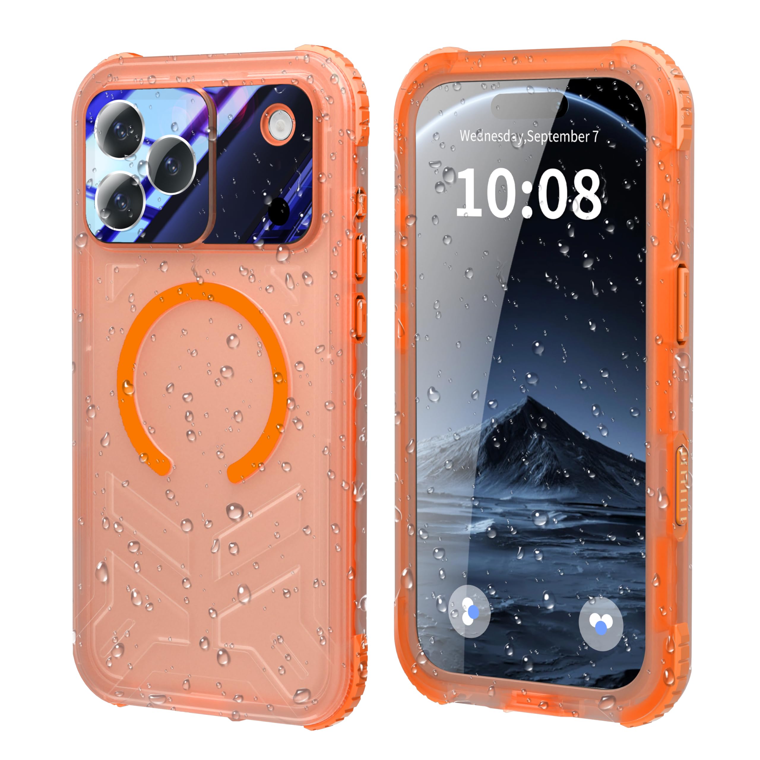 Funda impermeable para iPhone 17 Pro Max, funda protectora de cuerpo completo 360 con protector de cámara de pantalla integrado, filmación subacuática, esnórquel y natación, borde naranja