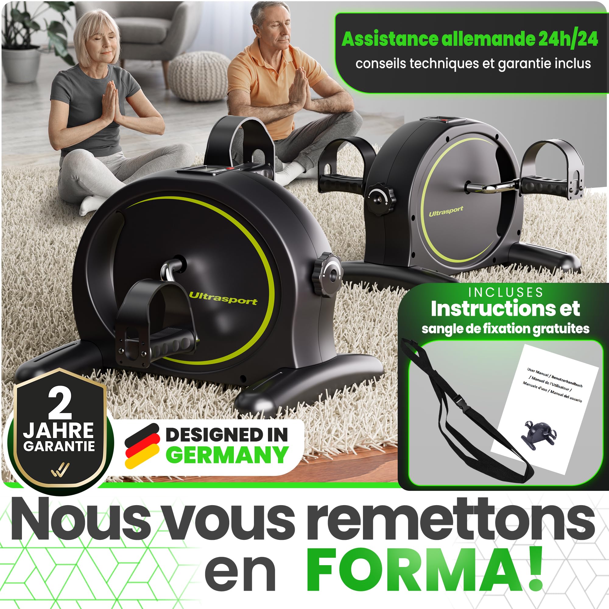 Ultrasport Mini Vélo d'Appartement avec Écran LCD, Tapis Antidérapant et Sangle de Fixation