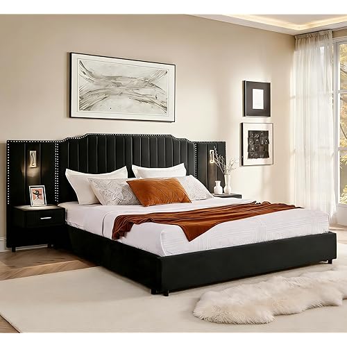 KEIKI King Size Velvet Bed Frame with 2 Nightstands, Lights & Oversize Headboard, Solid Wood Platform Bed Night Stand Bedside Table Bedroom Set, Upholstered Floor Grounded Bed, No Box Spring Needed