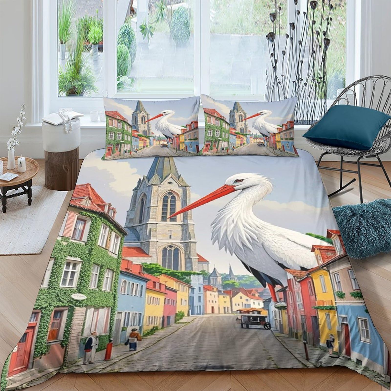 Ctjqhvkz Style-1 3D Printed Colourful Town Fitted Sheet Microfiber Soft Stork Mattress Cover For Bedroom Guest Room Decor Single（135X200cm）