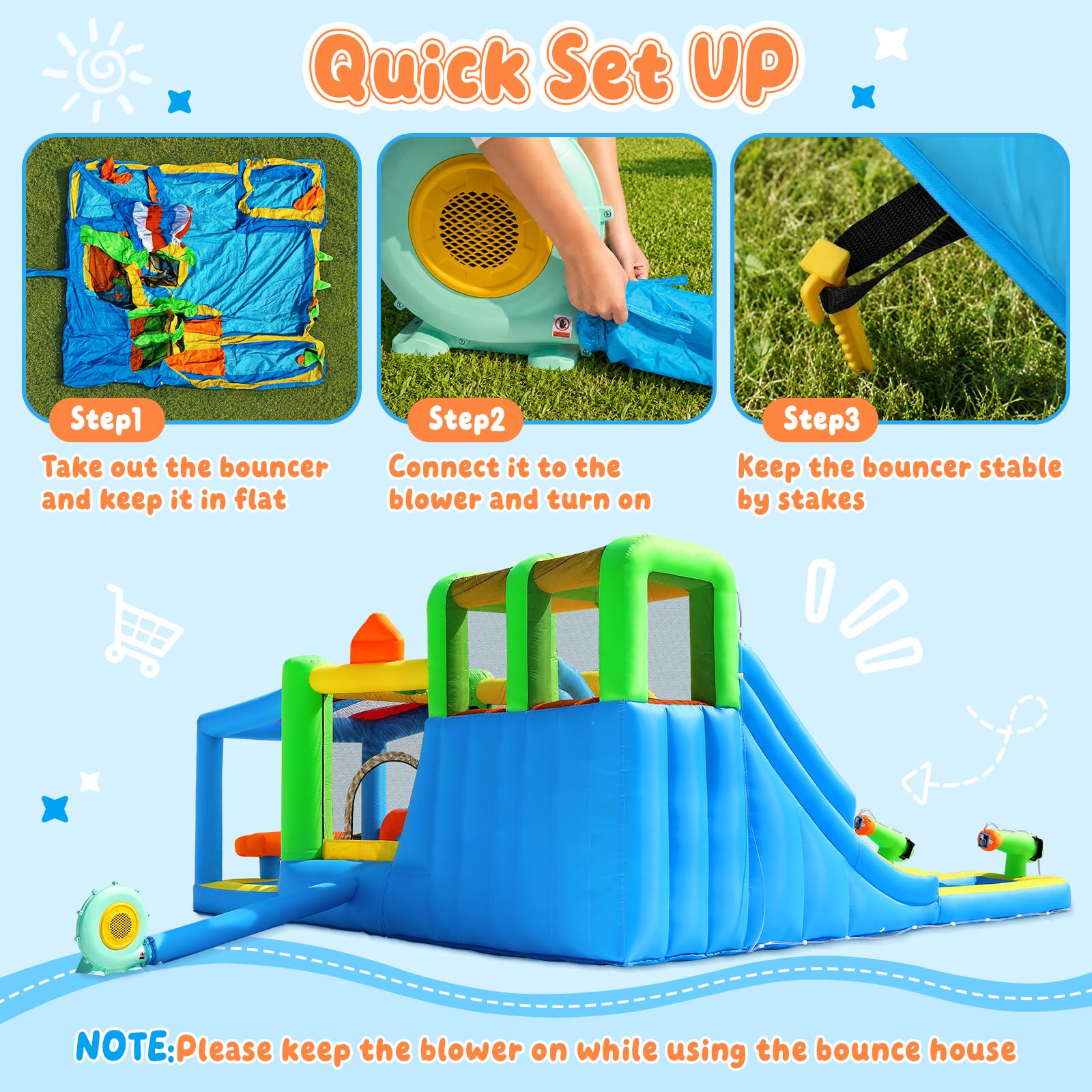 Hüpfburg mit 2 Wasserrutsche und Gebläse, Größe Wasserhüpfburg für Kinder mit Trampolin Wasserbecken Korb Kletterwand, XXL Hüpfburgen Bouncy Castle für Indoor Outdoor, 445x403x200 cm
