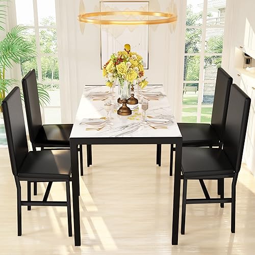 Miniatura 3 de Hooseng Juego de mesa de comedor de 5 piezas para 4 personas con parte superior de mármol sintético y sillas de terciopelo, juego de mesa de cocina