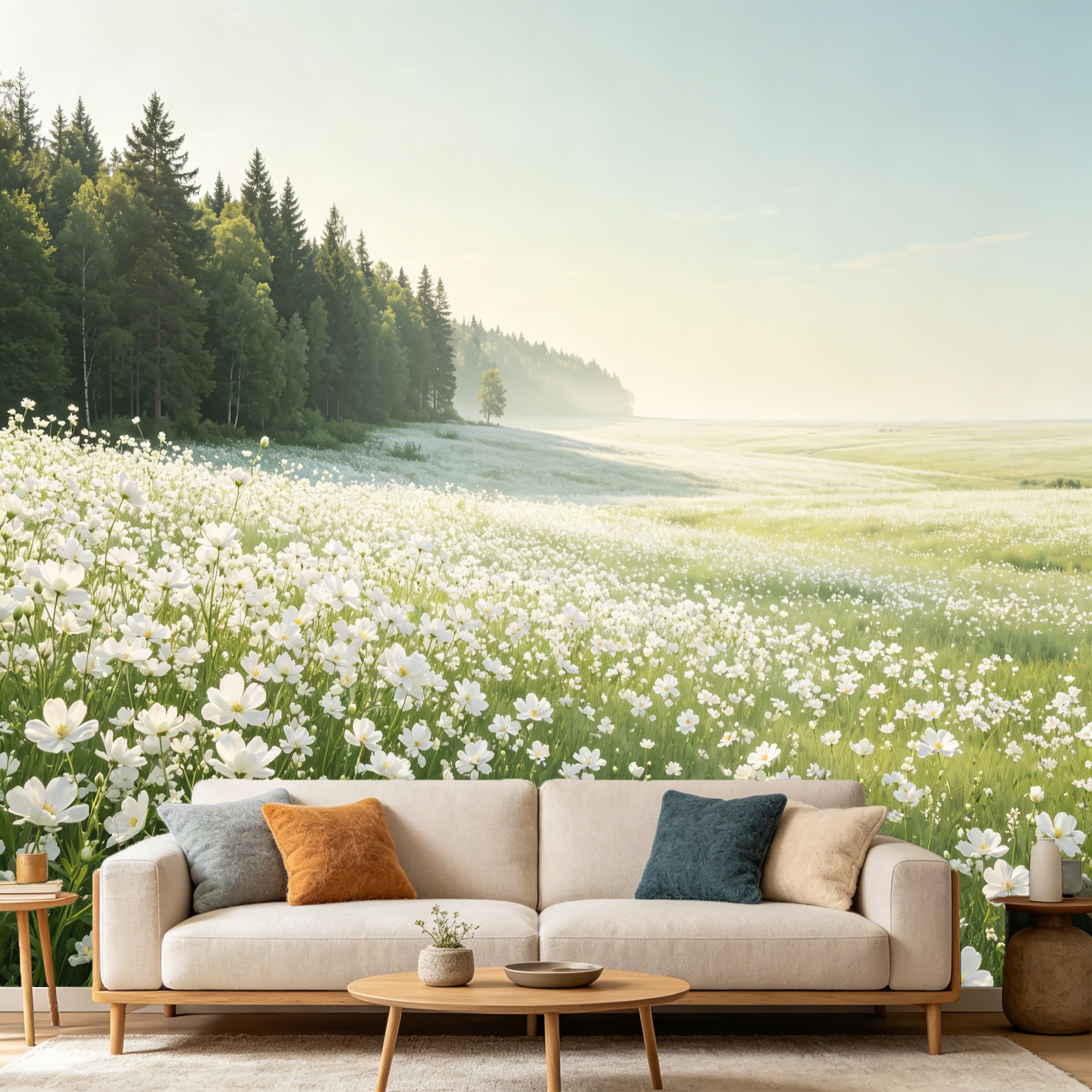Custom Size Wall Mural Landscape Botanical Forest White Wildflower Meadow Morning Mist SelfAdhesive Art Prints wall Fabric（No PVC） Removable Wallpaper Home Bedroom Decor