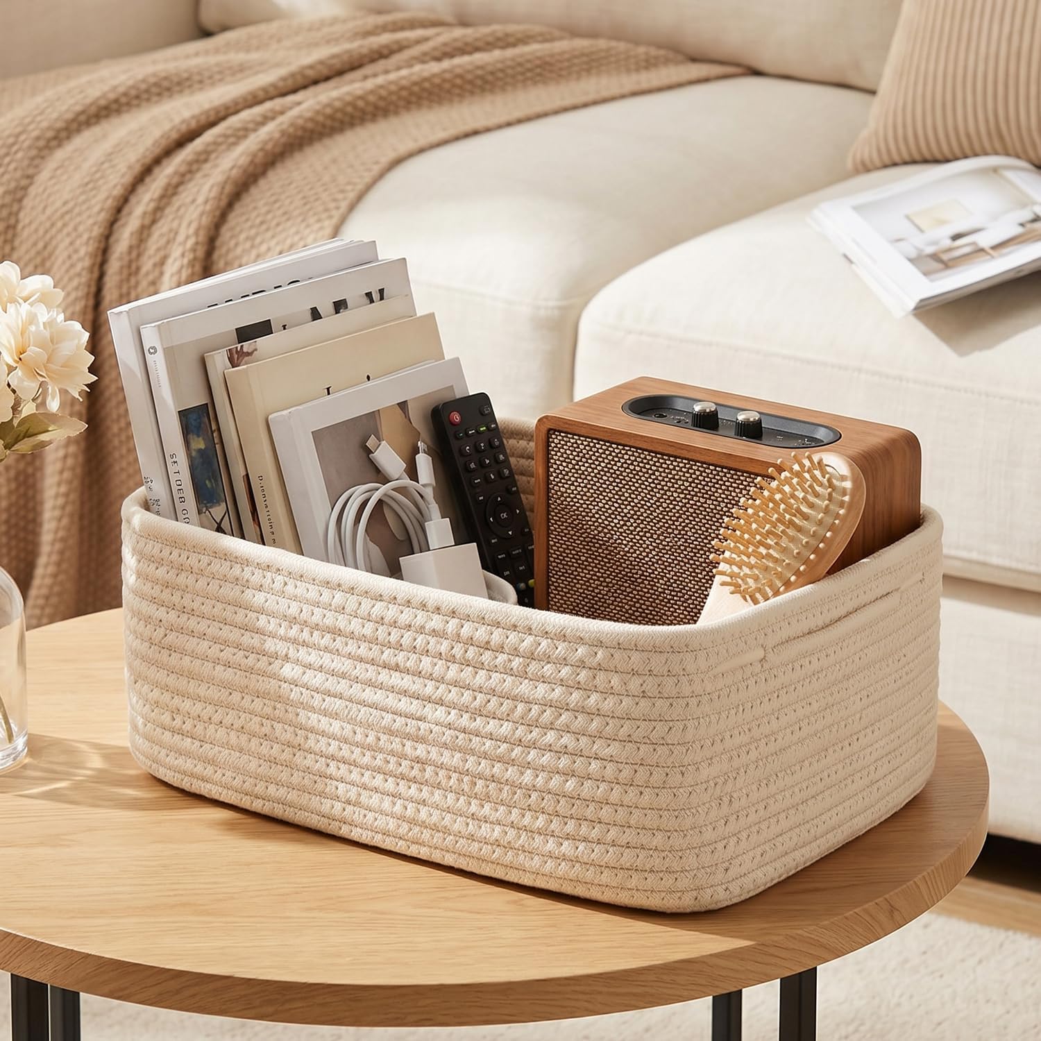 3 Pack 11.2 Quarts Cotton Rope Baby Storage Bin with Handles, Collapsible Nursery Storage Baskets for Shelves 13.4x9.5x5.1 in/ 34x24x13 cm, Ironable Newborn Closet Organizers, White & Brown