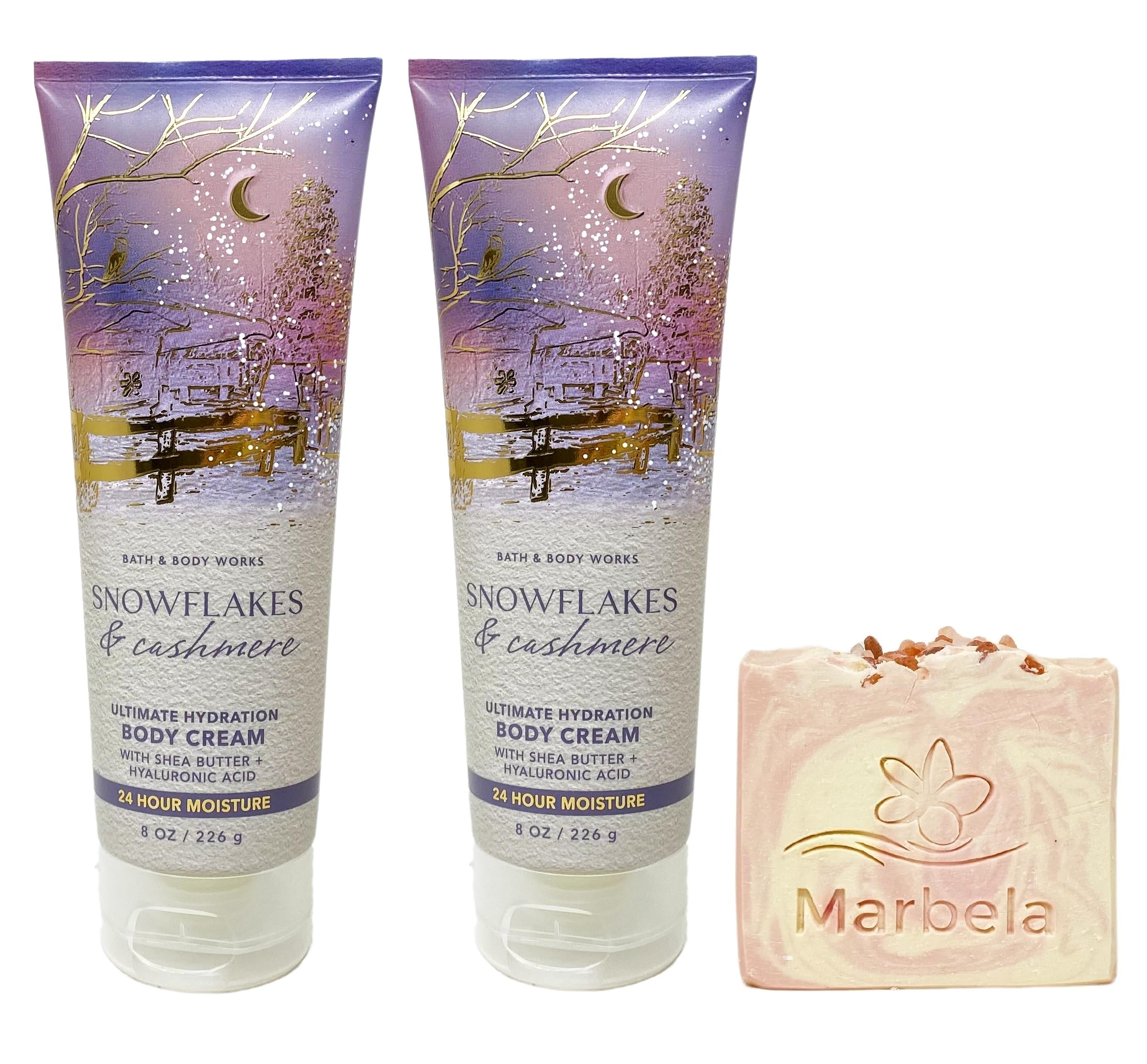 Bath & Body Works Snowflakes & Cashmere 2 Pack Ultimate Hydration Body Cream Bundle with a Himalayan Salts Springs Bar Soap - Full Size