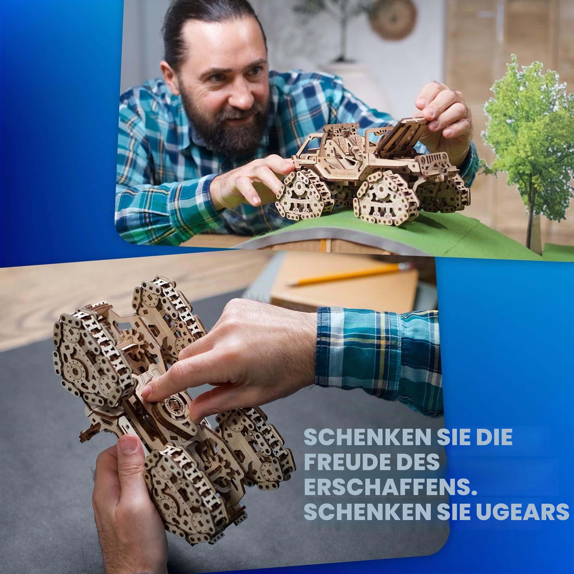 UGEARS Geländefahrzeug mit Kettenantrieb - 3D Holzpuzzle Modellbausatz Auto - 3D Puzzle Automodelle zum Selber Bauen Männer und Fans von Ketten ATV Fahrzeugen