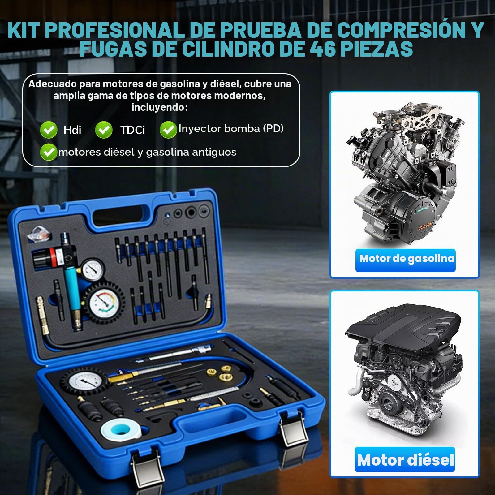 47 Piezas Comprobador de Compresión para Motores de Gasolina y Diésel, Comprobador de Compresión Diésel de 0 a 50 Bar, Kit de Probador de Fugas de Cilindros de Doble Calibre para HDI, TDCi, Motor Pum