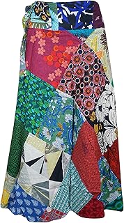 Mogul Interior Womens Wrap Around Skirts, Cotton Skirts, Summer Beach Skirt, Blue Red Patchwork Boho Short Skirt,One Size