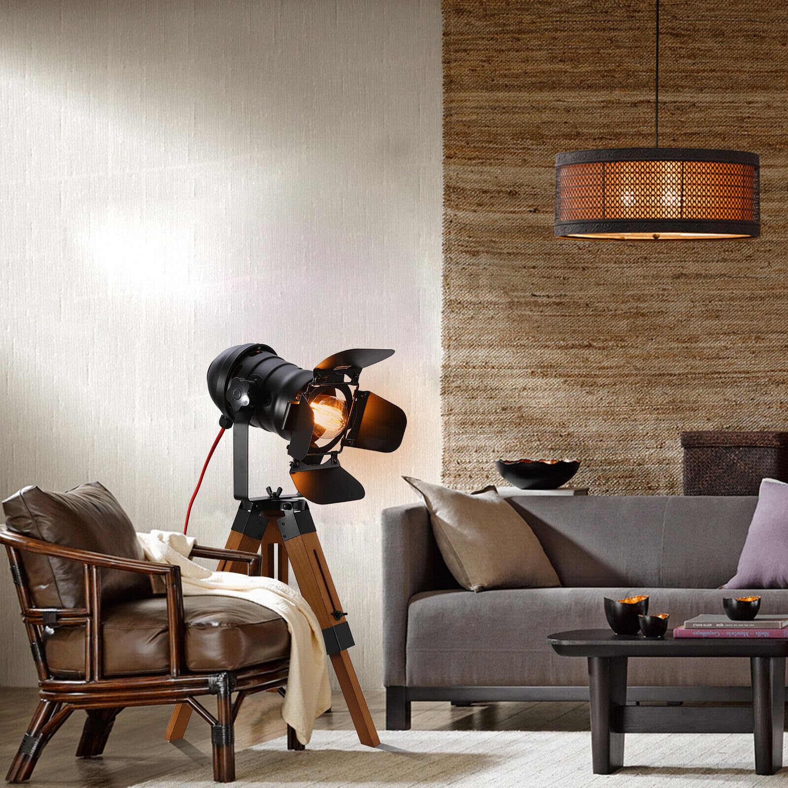 220V Vintage-Stativ-Stehlampe Retro-Scheinwerfer, Industriedekor, Holzleuchten Wohnzimmer Ecke Stehlampe für Schlafzimmer, Wohnzimmer, Esszimmer usw