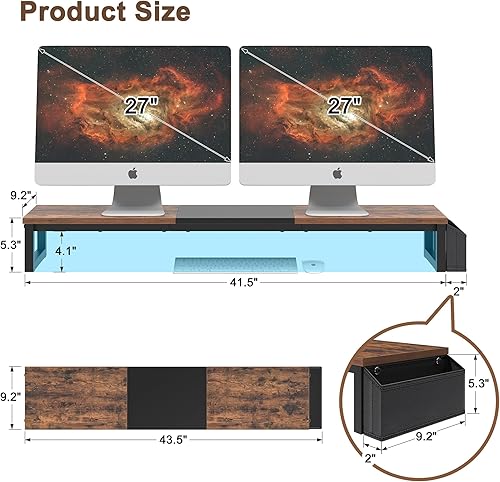 Miniatura 6 de LANDVOI Soporte para monitor doble, soporte de monitor de 41.5 pulgadas de largo para 2 monitores, elevador de computadora de madera con bolsillo,