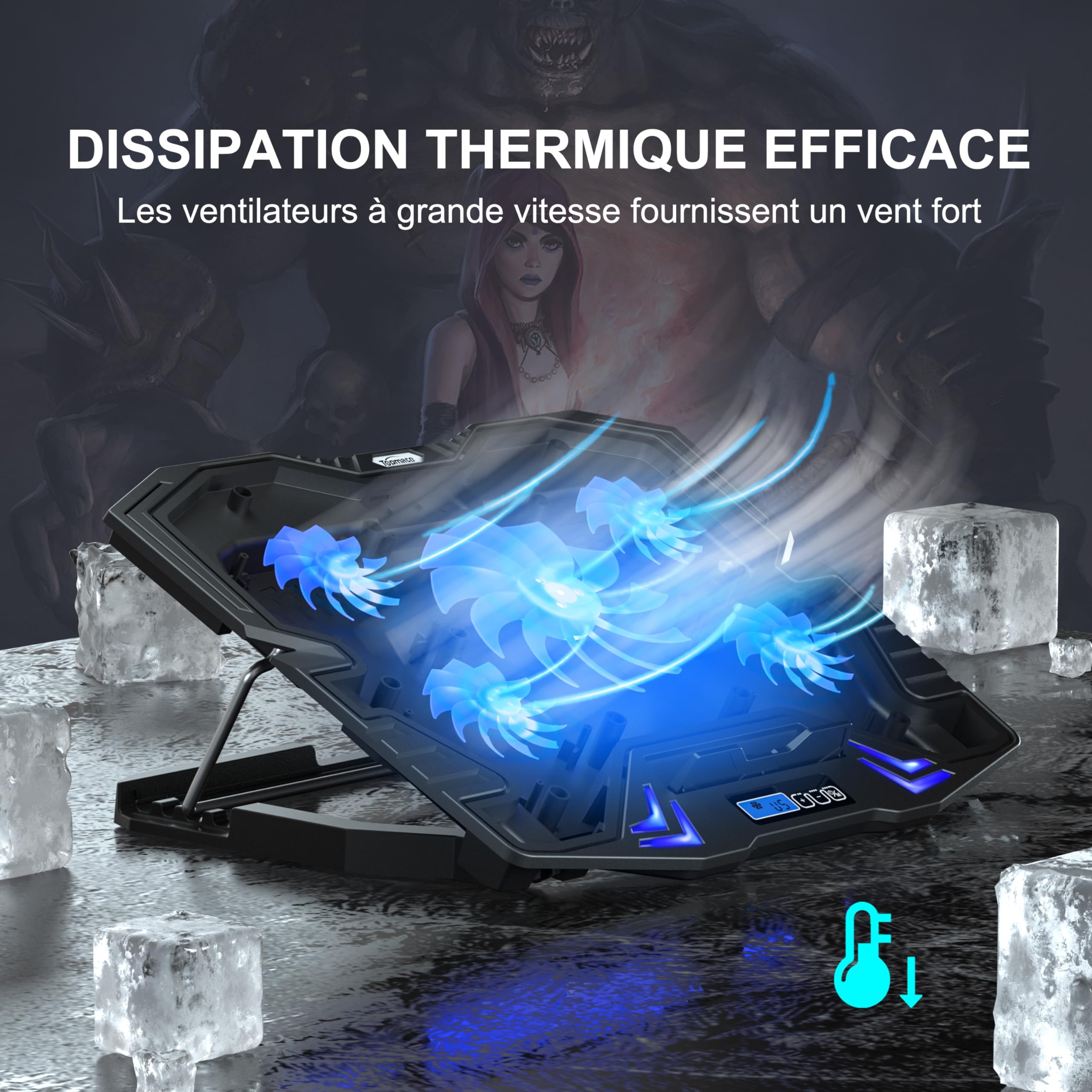 TopMate C5 Base de Refroidissement PC Portable Gamer 10-15,6 Pouces, 5 Ventilateurs Silencieux, LED Bleue, Contrôleur LCD