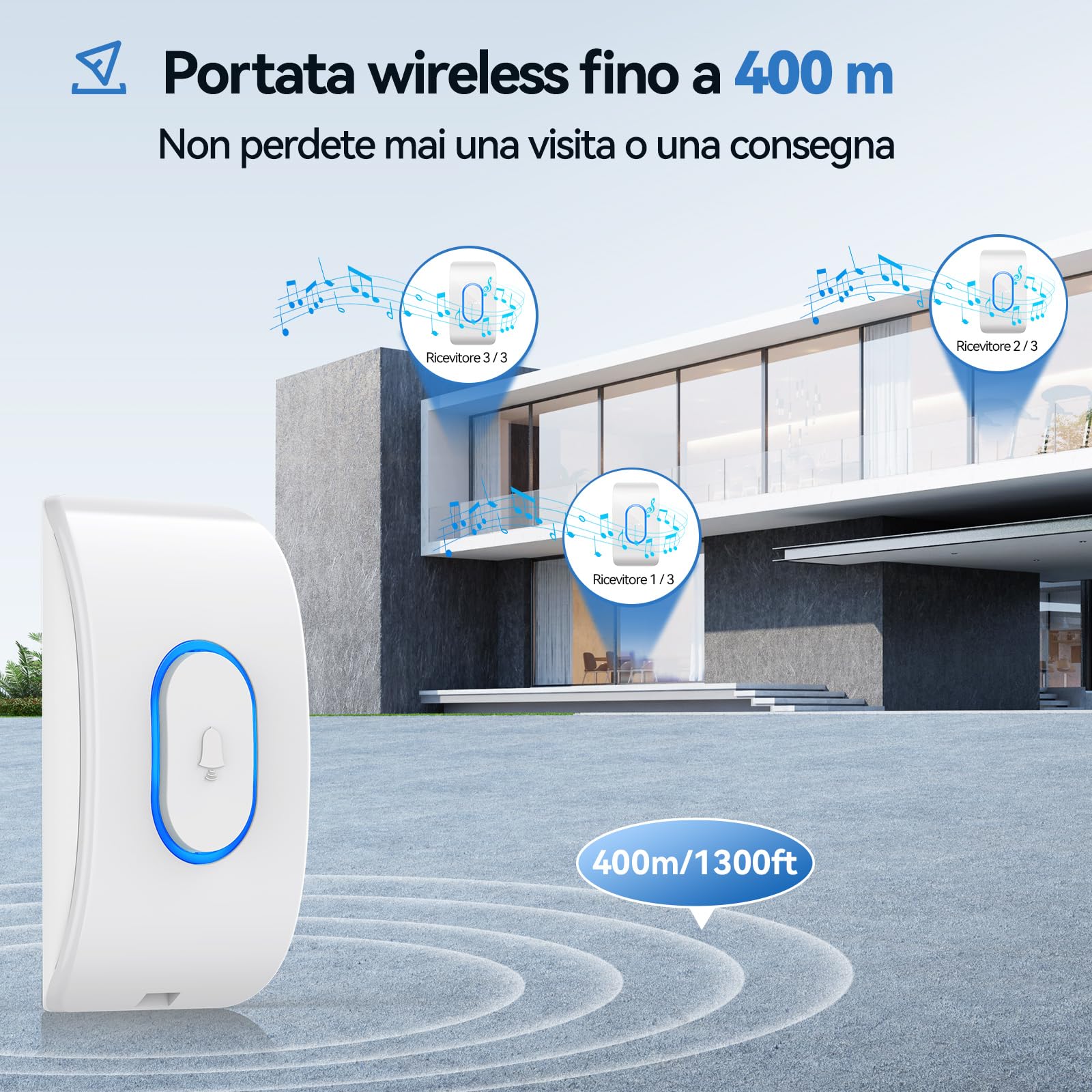 TECKNET Campanello Senza Fili, Portata 400m 60 Melodie e 5 Livelli di Volume Indicatori LED de Esterno IP65 Impermeabile Campanelli Wireless, Bianco, 1 Trasmettitore + 3 Ricevitori