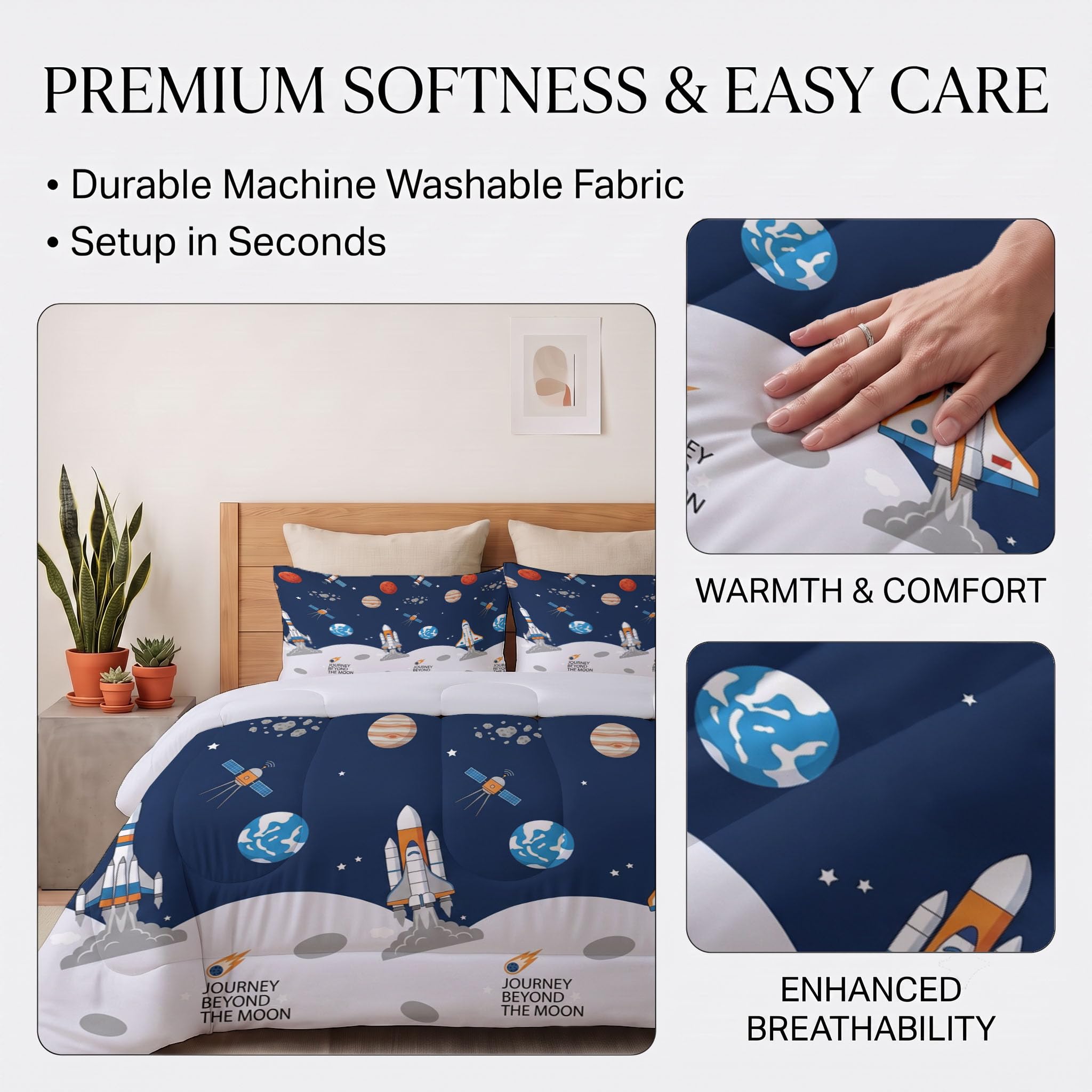 Piumino Letto Matrimoniale Base Satellitare Lunare 240X220 Cm Per 4 Stagioni, Piumone In Microfibra 200 G/M² Paesaggio Dell'Universo Cartoni Animati Invernale, Trapunta Morbida Traspirante, Blu Navy