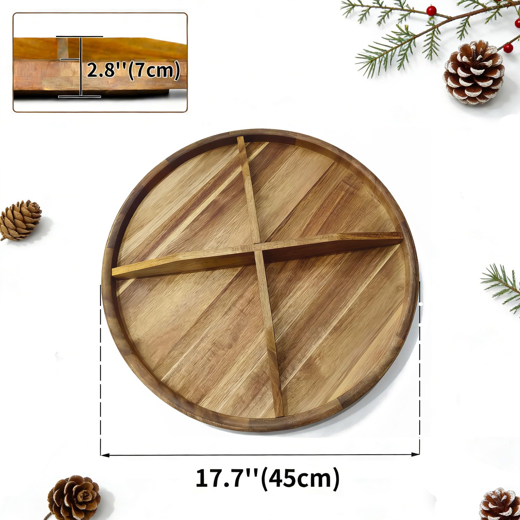 Utoplike Gran Bandeja Giratoria de Acacia para Mesa de 45 cm | Bandeja Redonda para Servir, Tabla de Embutidos con Borde Elevado y Separadores Extraíbles para Queso, Ideal para Fiestas
