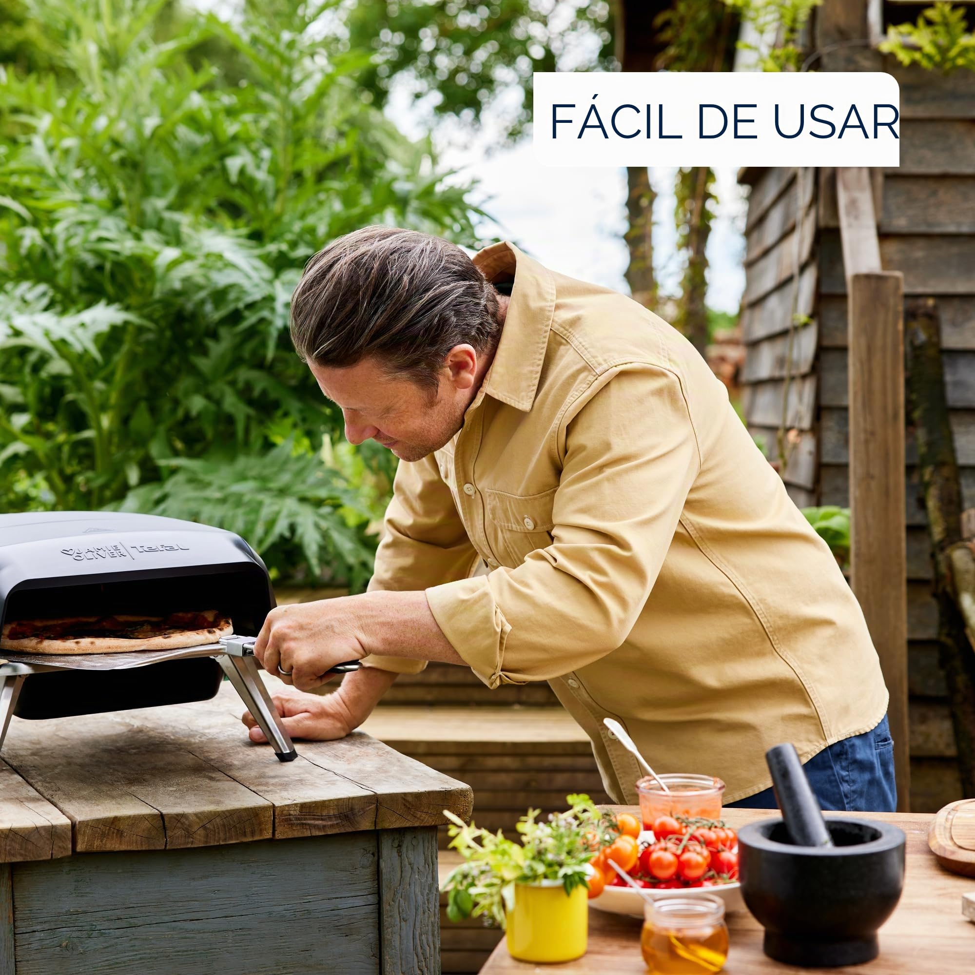 Jamie Oliver by Tefal - Horno de pizza de piedra giratorio a gas, máquina de pizza casera, para exteriores, piedra giratoria interior de 360 grados, pelar, conector de gas JM4168G0