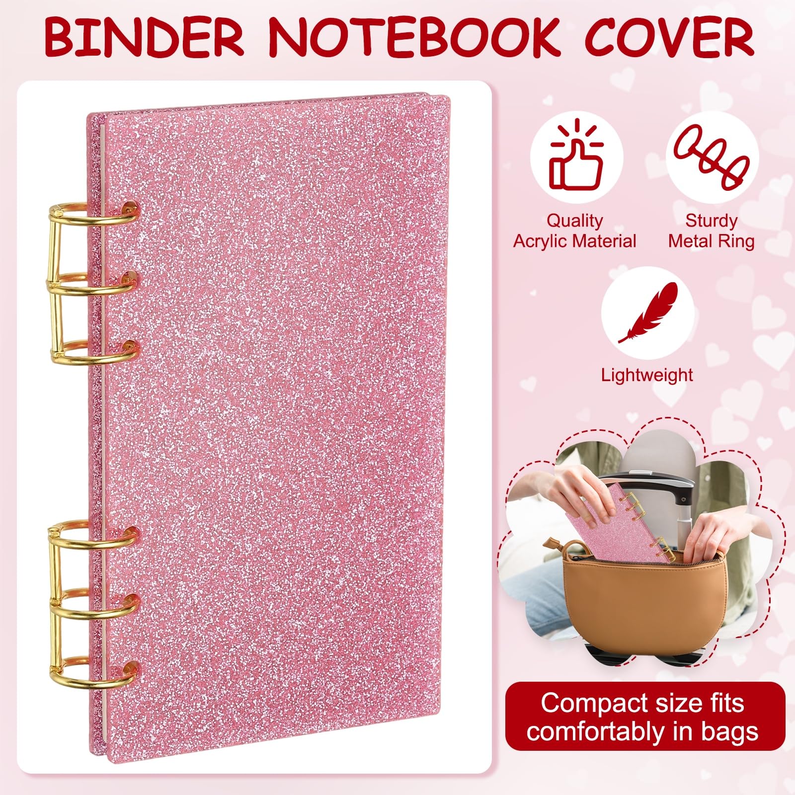 PATIKIL 6 Ring Binder Notebook Cover, A6 Glitter Acrylic Binder Notebook 2 Gold Metal Round Rings with 90 Sheets Dot Inner Papers for Travel Office Planner Budget, Pink - Image 3