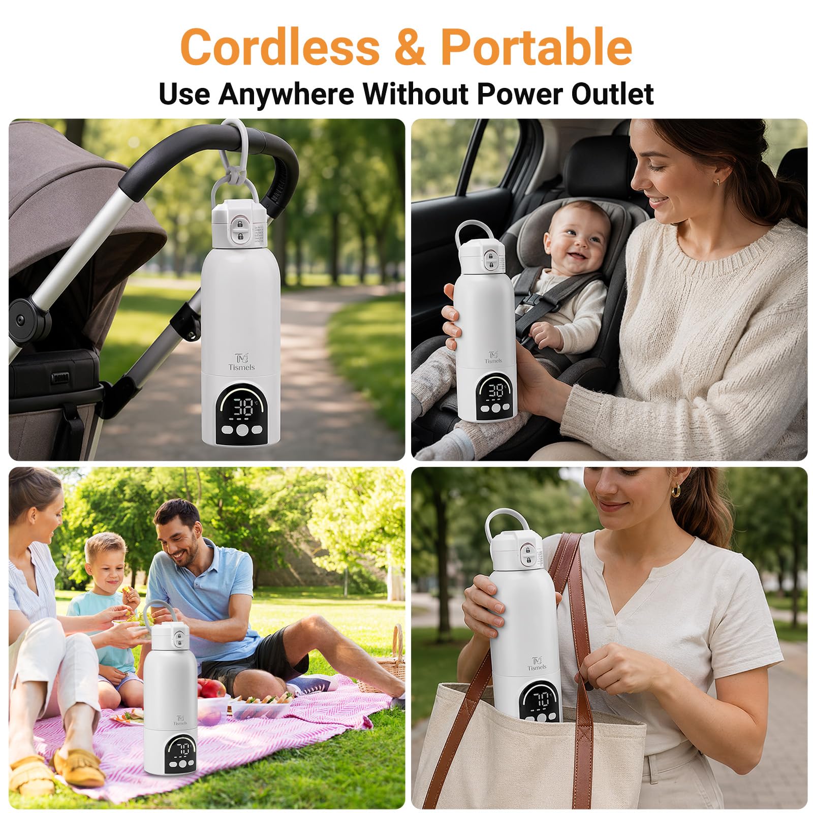 Tragbarer Flaschenwärmer Baby Unterwegs, Kabellos mit 12000mAh Akku | 140W Schnellheizen, 500ml für Muttermilch & Wasser, 35–70°C Einstellbar, Sterilisieren, Milchwärmer für Nachtfütterung Reisen