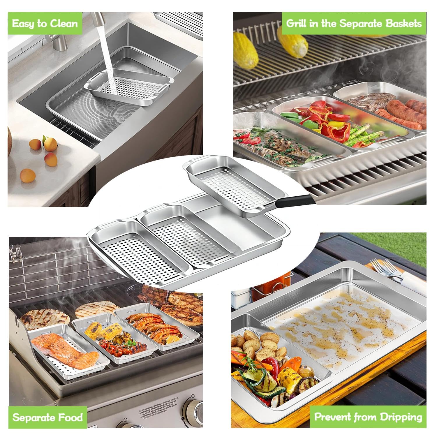 Grill Pans for Outdoor Grill-3 Grilling Baskets|Serving Tray| Clip-on Handle.BBQ Serving Platters with Holes for Grill Fish,Vegetable,Meat and Prep Food Veggie