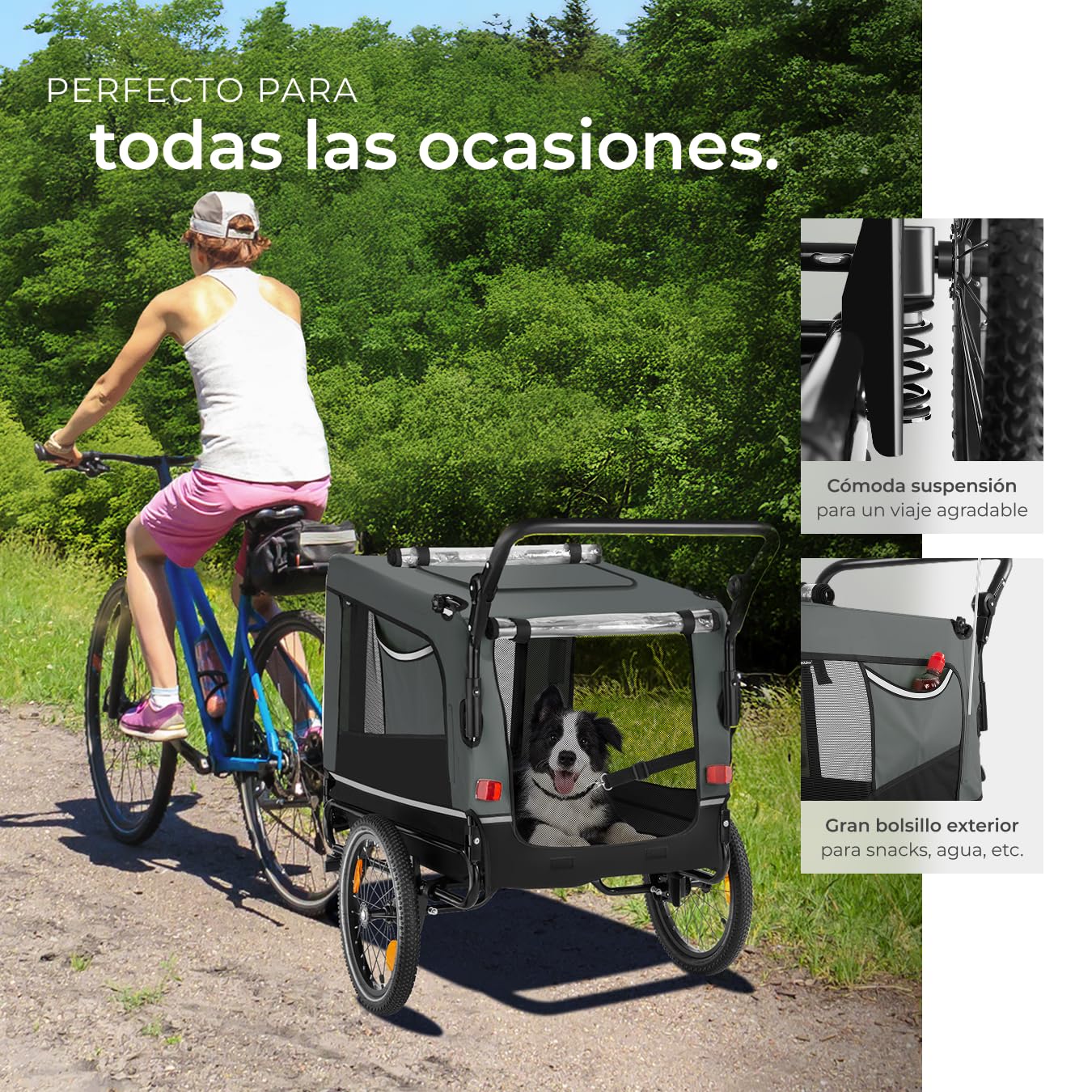 tectake® Remolque Bicicleta Perros Multifuncional, Carrito para Perros Plegable, Carro Perro con Manillar Extraíble, Remolque Bici 240L, Reflectores, Bandera, Arnés Seguridad, Carga Máx 40 kg