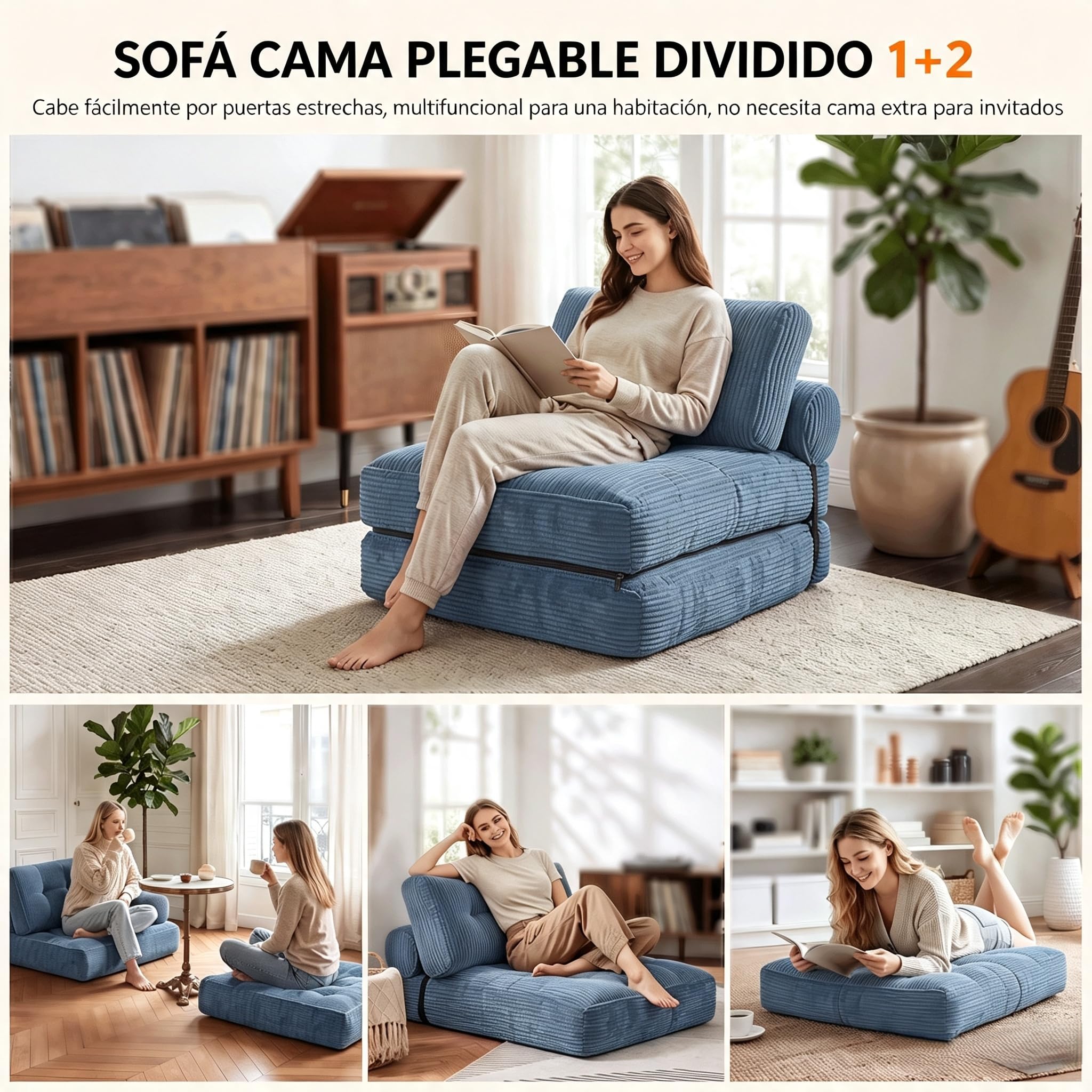 Fabulcozy Sofá Cama 4 en 1 Convertible Plegable - Sillón, Sillón Convertible, Sofá Cama 1 Plaza, Ideal para Espacio Pequeño, Salón o Dormitorio (Gris Azulado)