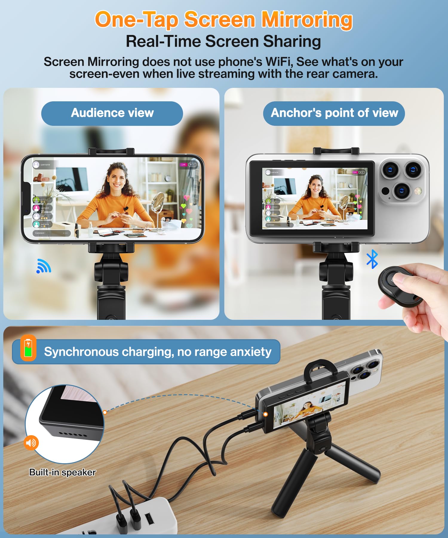 Phone Vlog Selfie Monitor Screen, Axrye Caméra arrière sans fil 1080P avec fixation magnétique et télécommande, haut-parleur intégré, compatible avec iOS, Android, YouTube, TikTok, streaming en direct