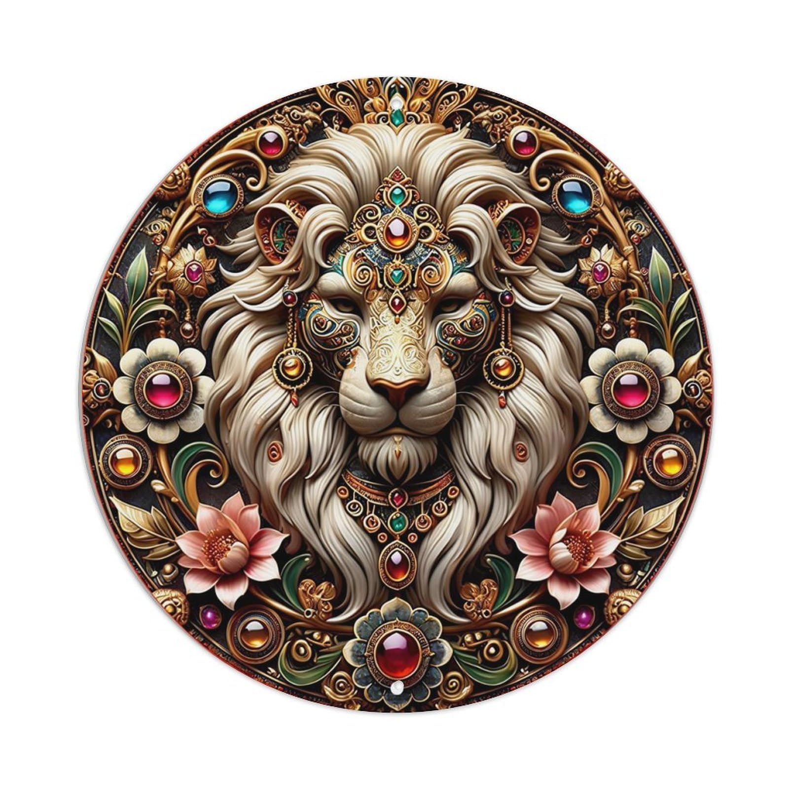 Lion Jewel Floral Ornate Circular Round Metal Tin Sign Vintage Wall Decor, Bar Garage Cafe Kitchen Home Wall Art Poster 8x8inches