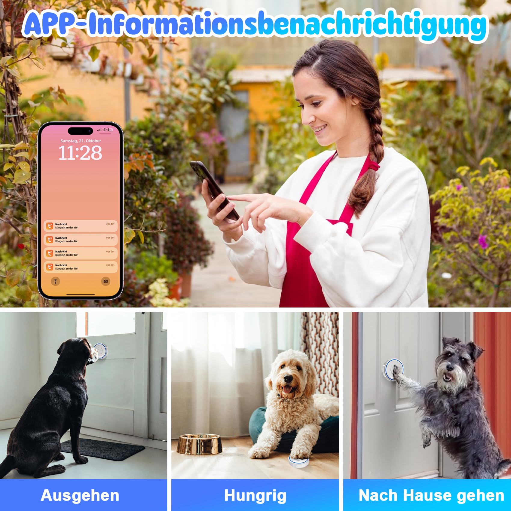 DAYTEE Mobile Türklingel, WiFi Tuya Smart Doorbell, Touch Outdoor Waterproof Doorbell (Weiß 1*Empfänger +2*Sender)
