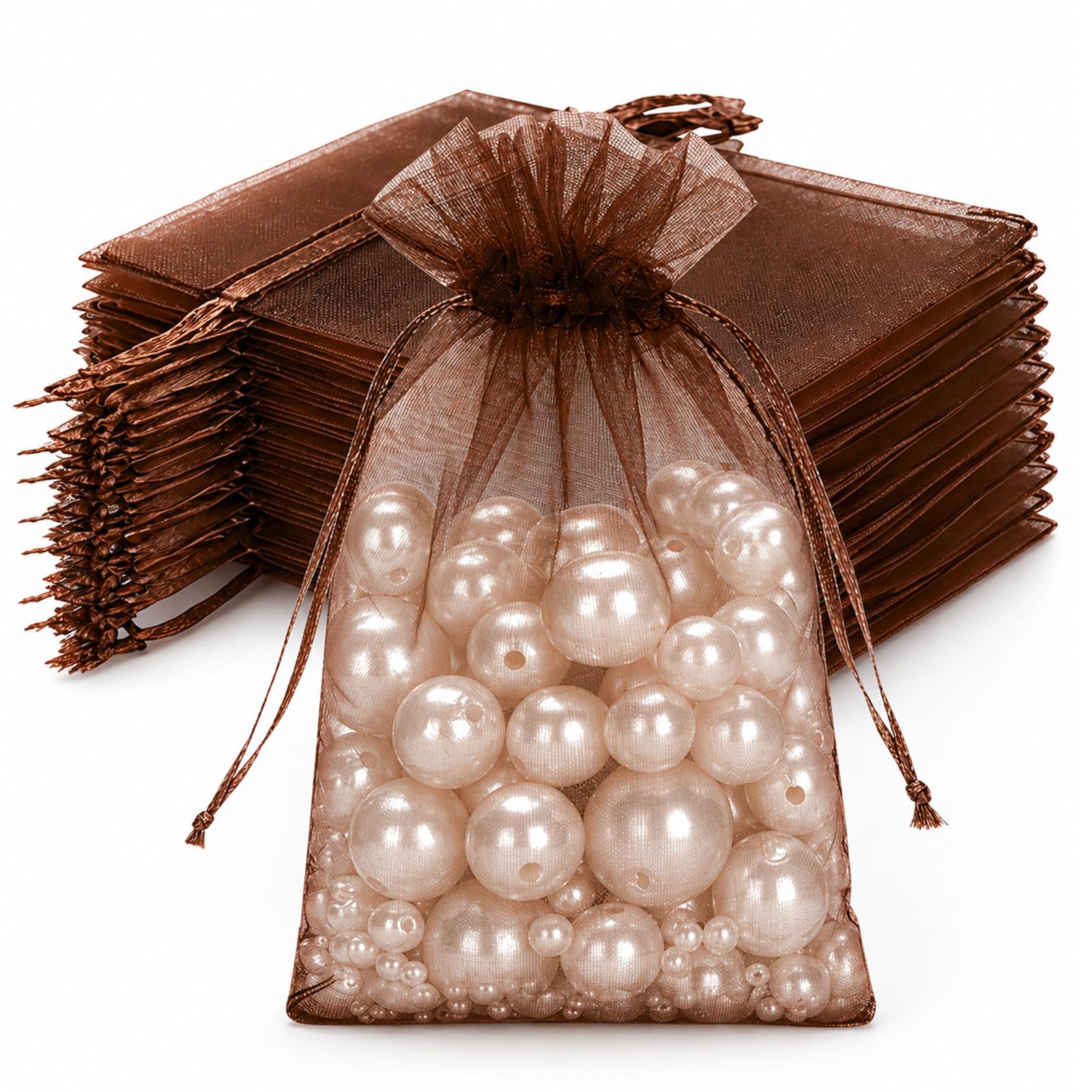 joycraft 50Pcs Coffee Brown Organza Bags - 4x6 In Holiday Drawstring Pouch with Mesh, Sheer Party Favor Pouch for Wedding Favor, DIY Craft, Christmas, Thanksgiving