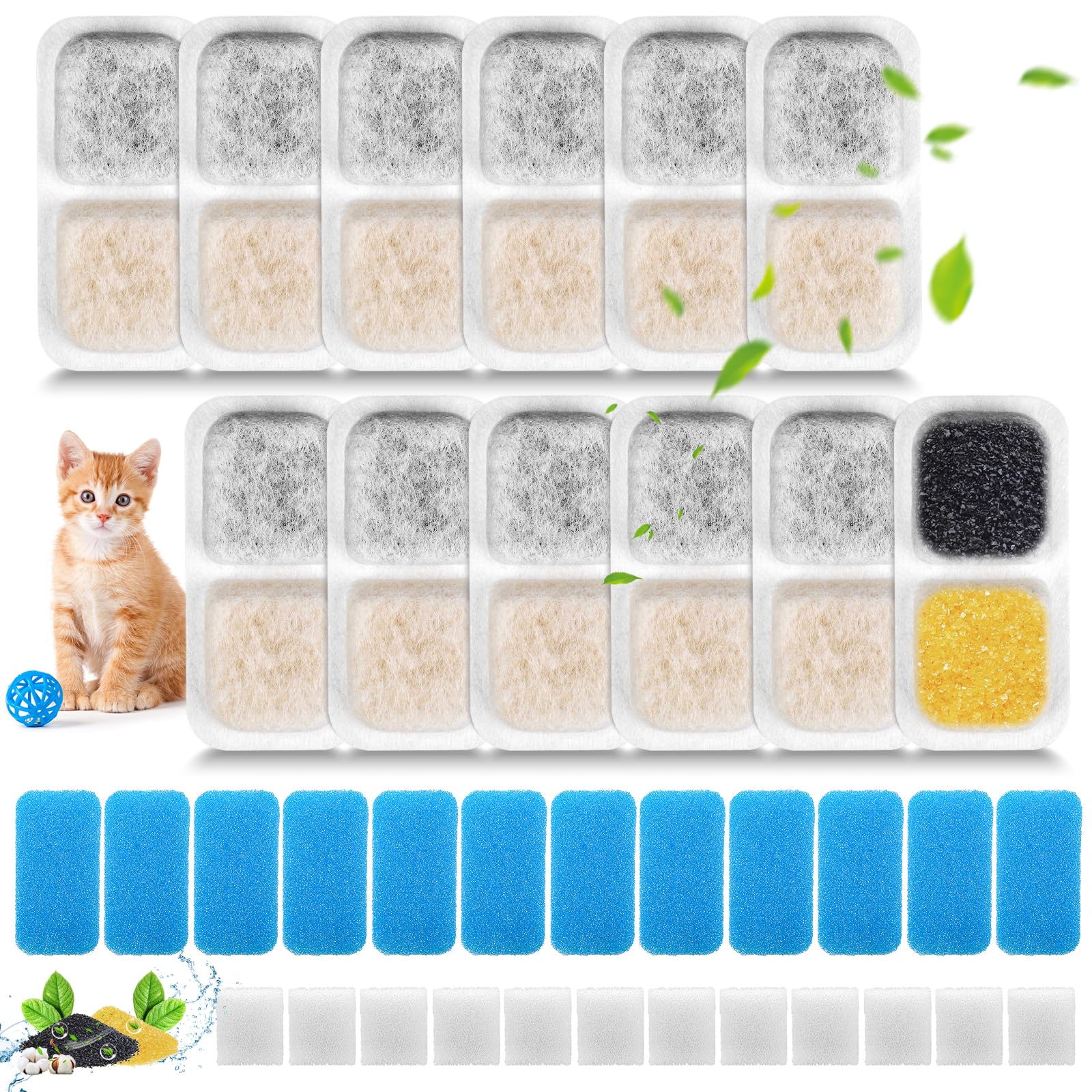 12 Packung Katzenbrunnen Filter Kompatibel mit Oneisall PWF-001 2L Katzenbrunnen Edelstahl, inkl. 12 Stück Filter Trinkbrunnen Katzen & 12 Vorgefilterter Schwämme & 12 Schwämme für Pumpe