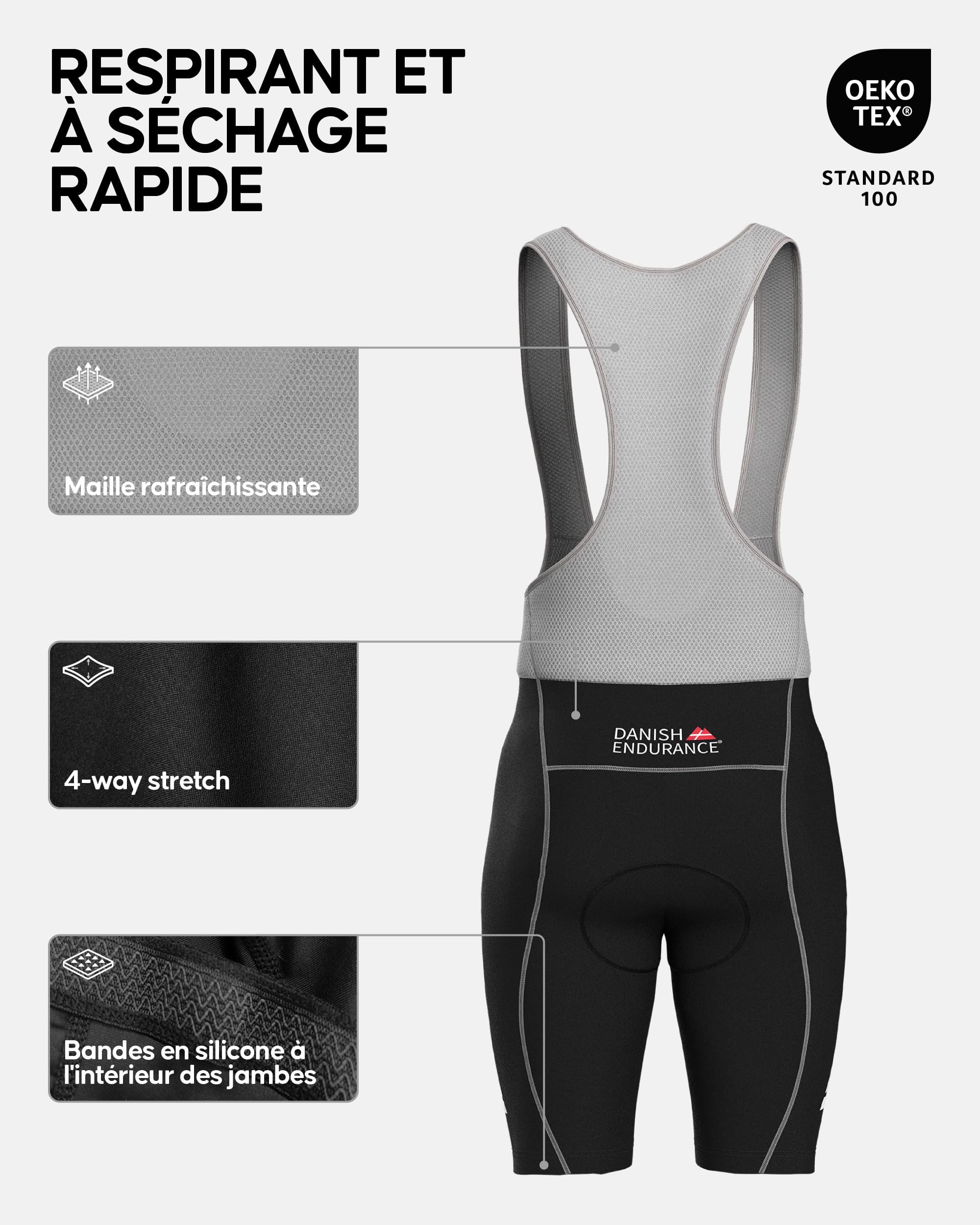 DANISH ENDURANCE Cuissard Vélo à Bretelles Homme Rembourrage 3D Respirant Stretch