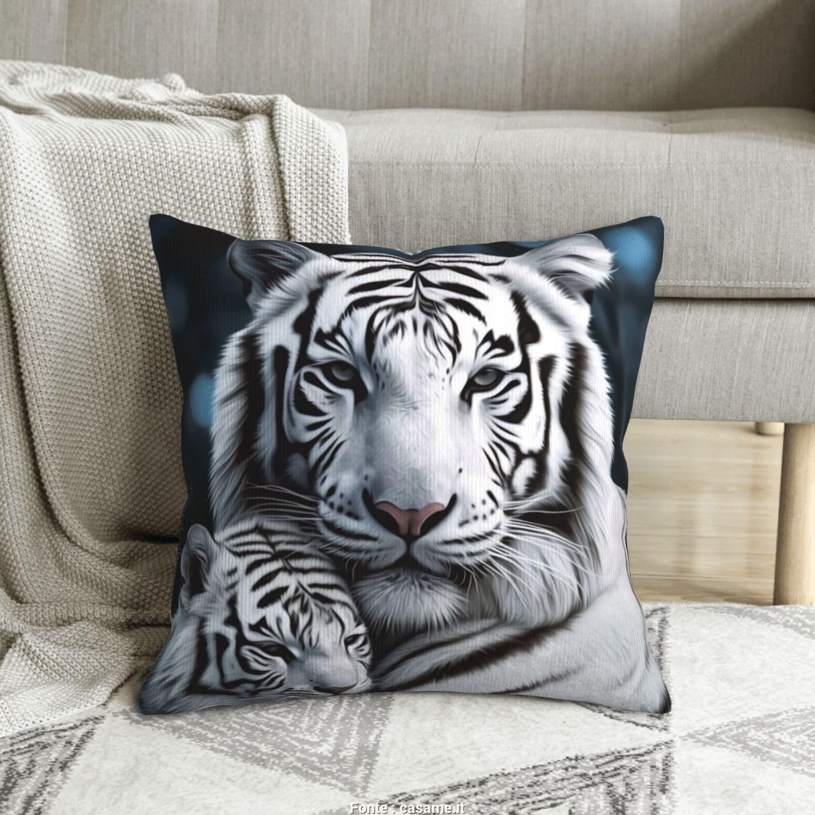Housse de coussin velours côtelé lavable motif tigre blanc pour sofa