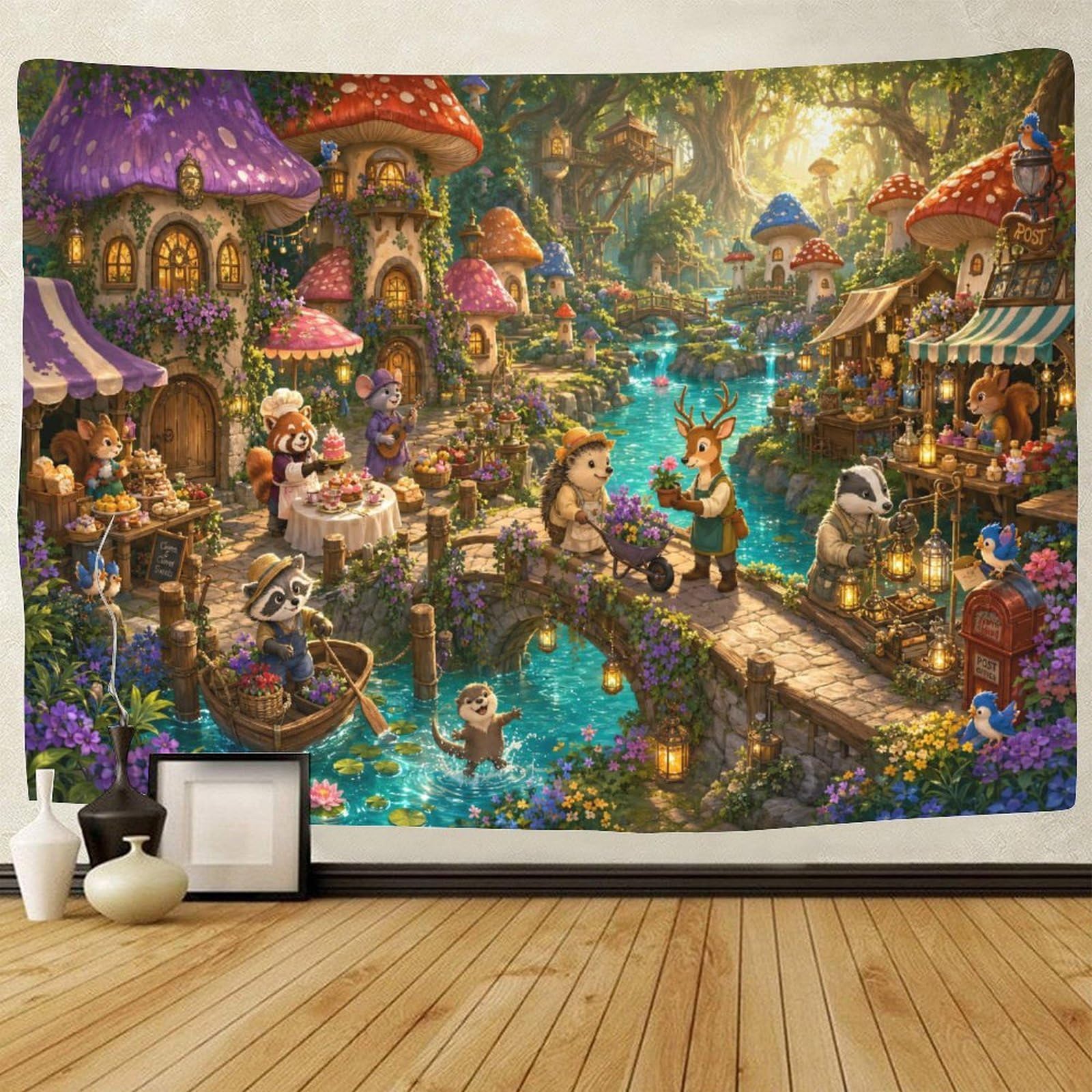 ASDFGHJKLZA Mushroom Village Animals Wall Art Decor 3D Print Tapestry Wall Hanging Decor Tapestries Home Decoration Curtain Living Room College Dorm 70cmx100cm