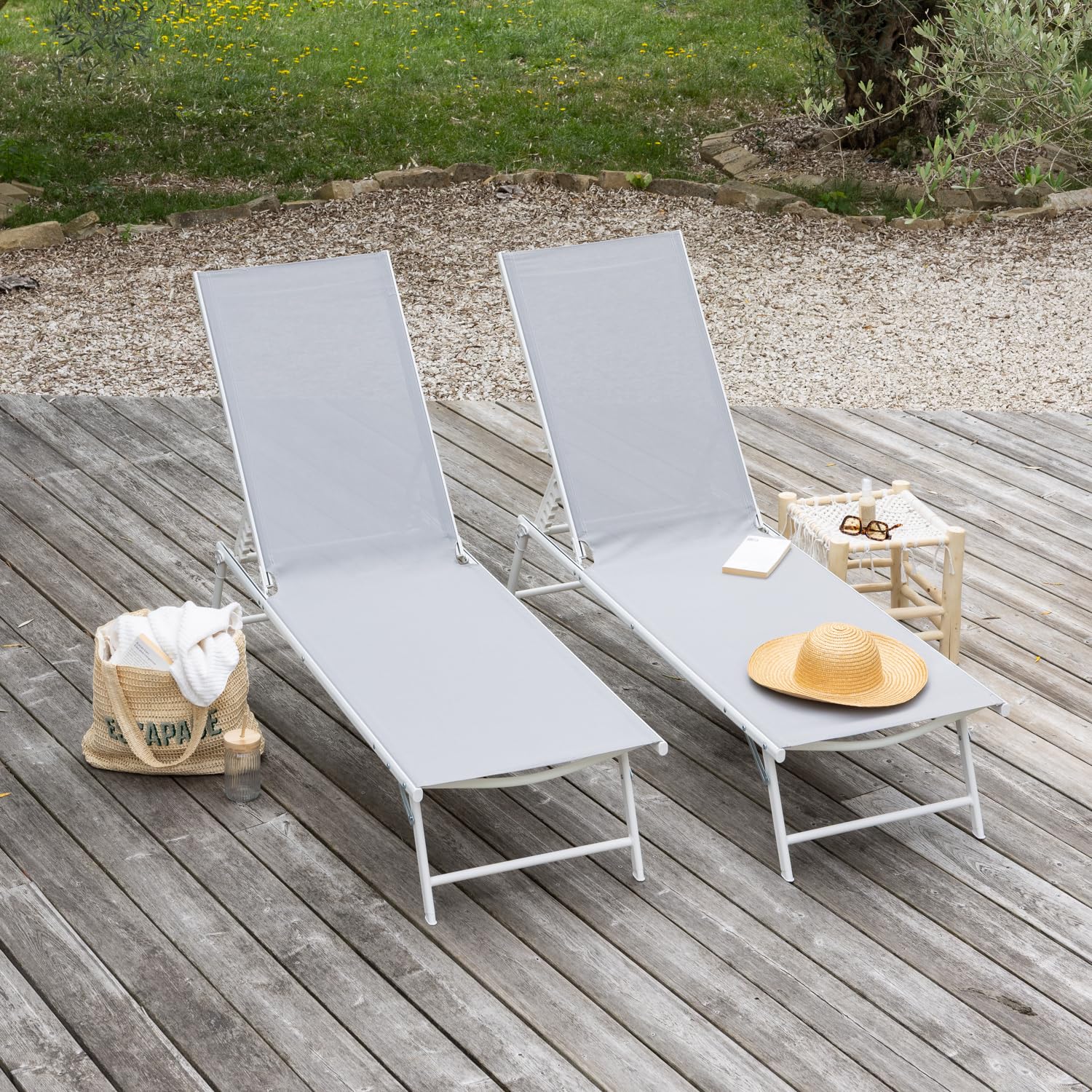 Happy Garden Lote de 2 tumbonas Plegables Sicilia de textileno Gris Estructura Blanca. Tumbona de Exterior de Acero de 5 Posiciones.