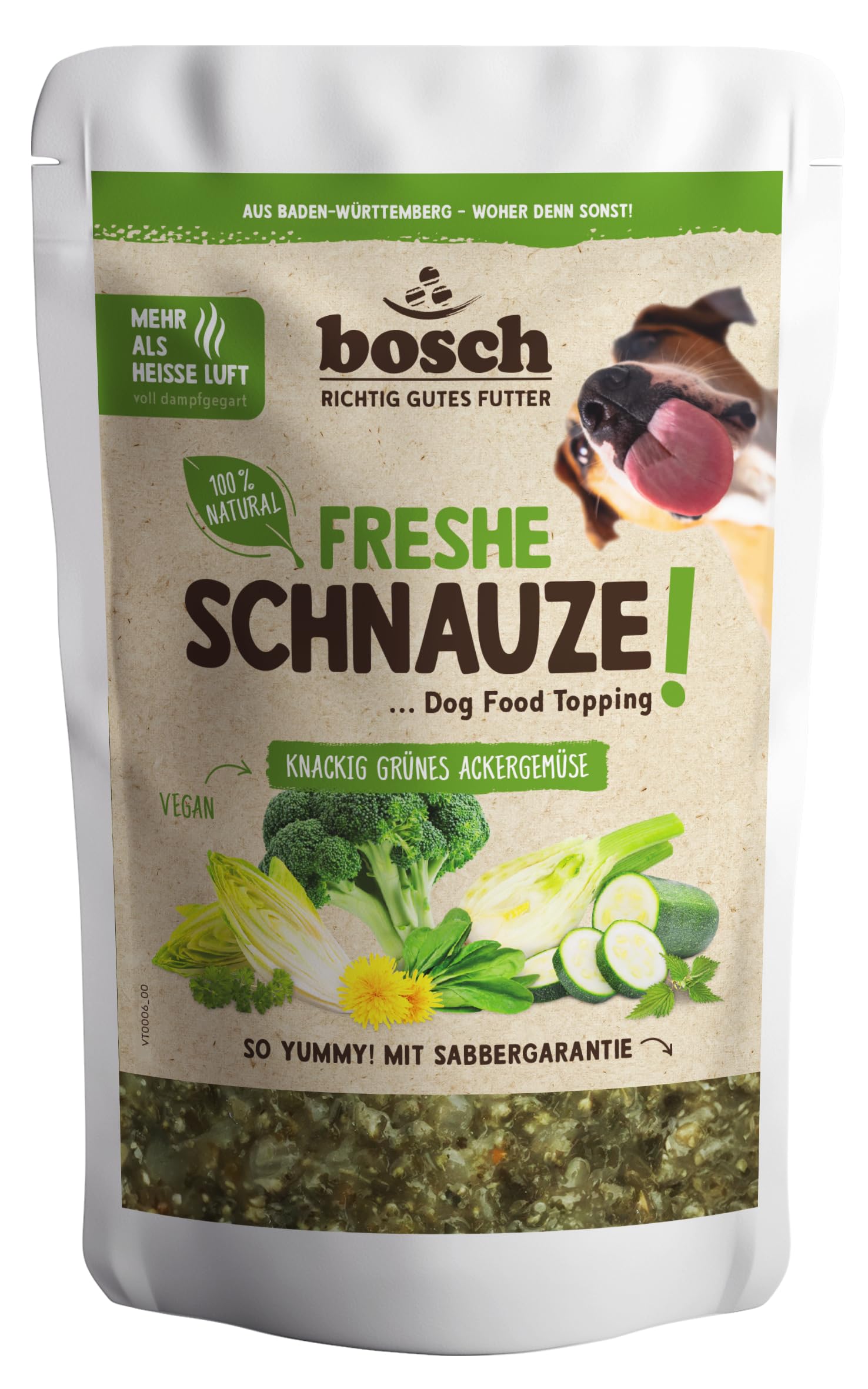 Bosch Freshe Schnauze - Crispy Green Field Vegetables 1 x 200 g - Dog Food Filling - Suitable for Dry and Wet Food - With Fresh Zucchini, Spinach,