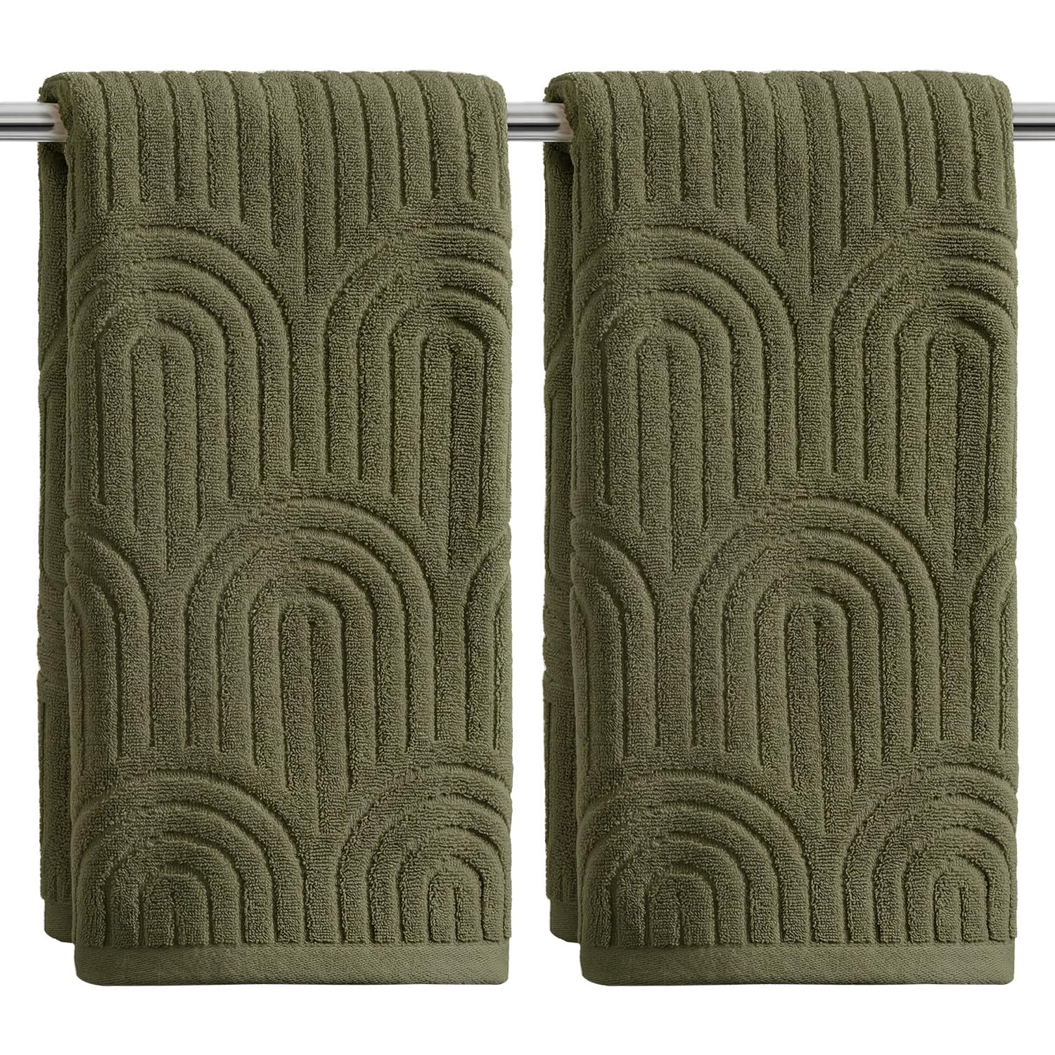 Photo 1 of Artoid Mode 2 Pcs Olive Green 3D Arched Stripes Jacquard Hand Towels for Bathroom, 100% Cotton Soft Absorbent Bathroom Decor Towels, 13.7 x 29.5 Inch