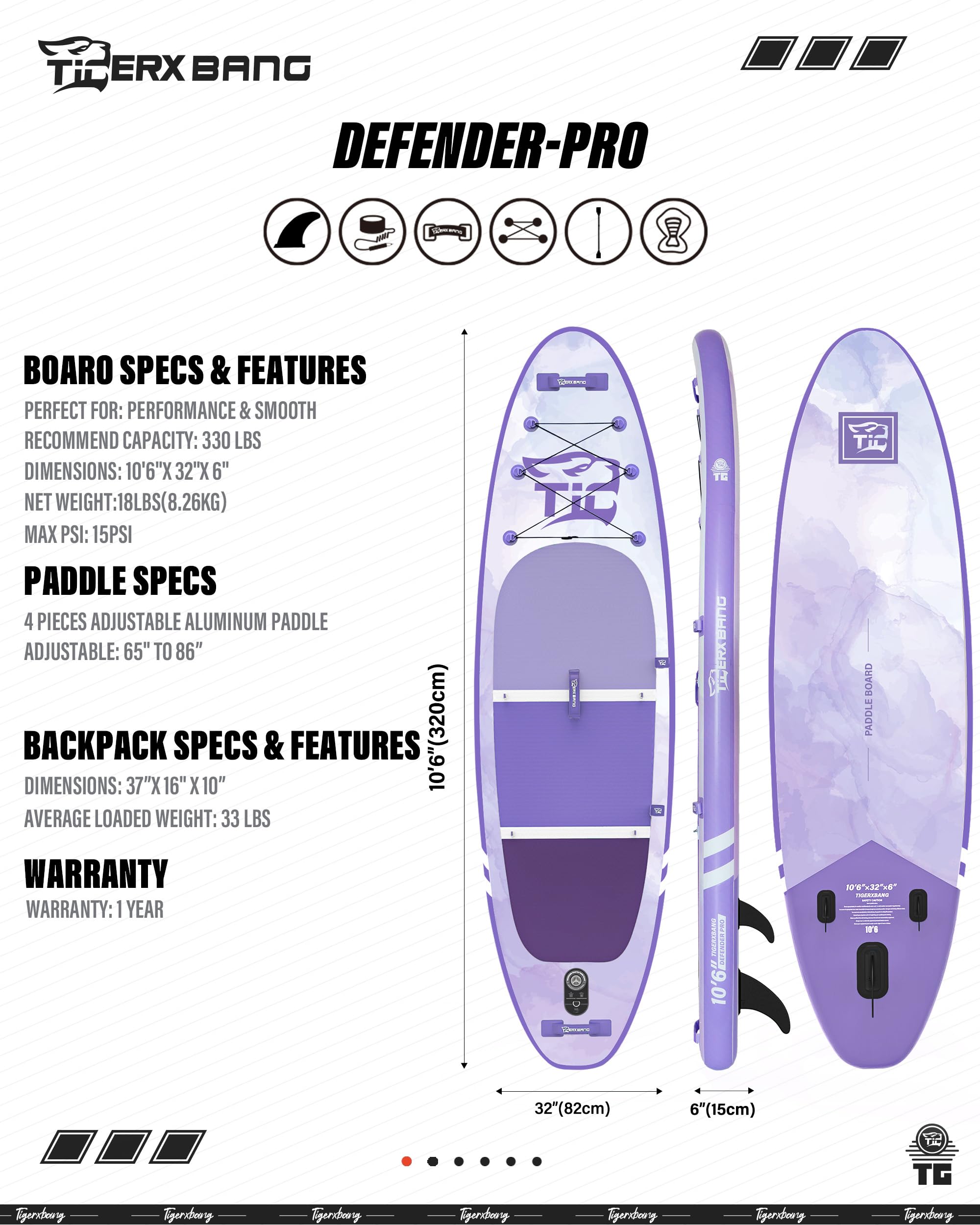 Defender Pro - Tavola gonfiabile per SUP con sedile, pagaia regolabile e accessori completi, 320 x 82 x 15 cm, colore: viola UV