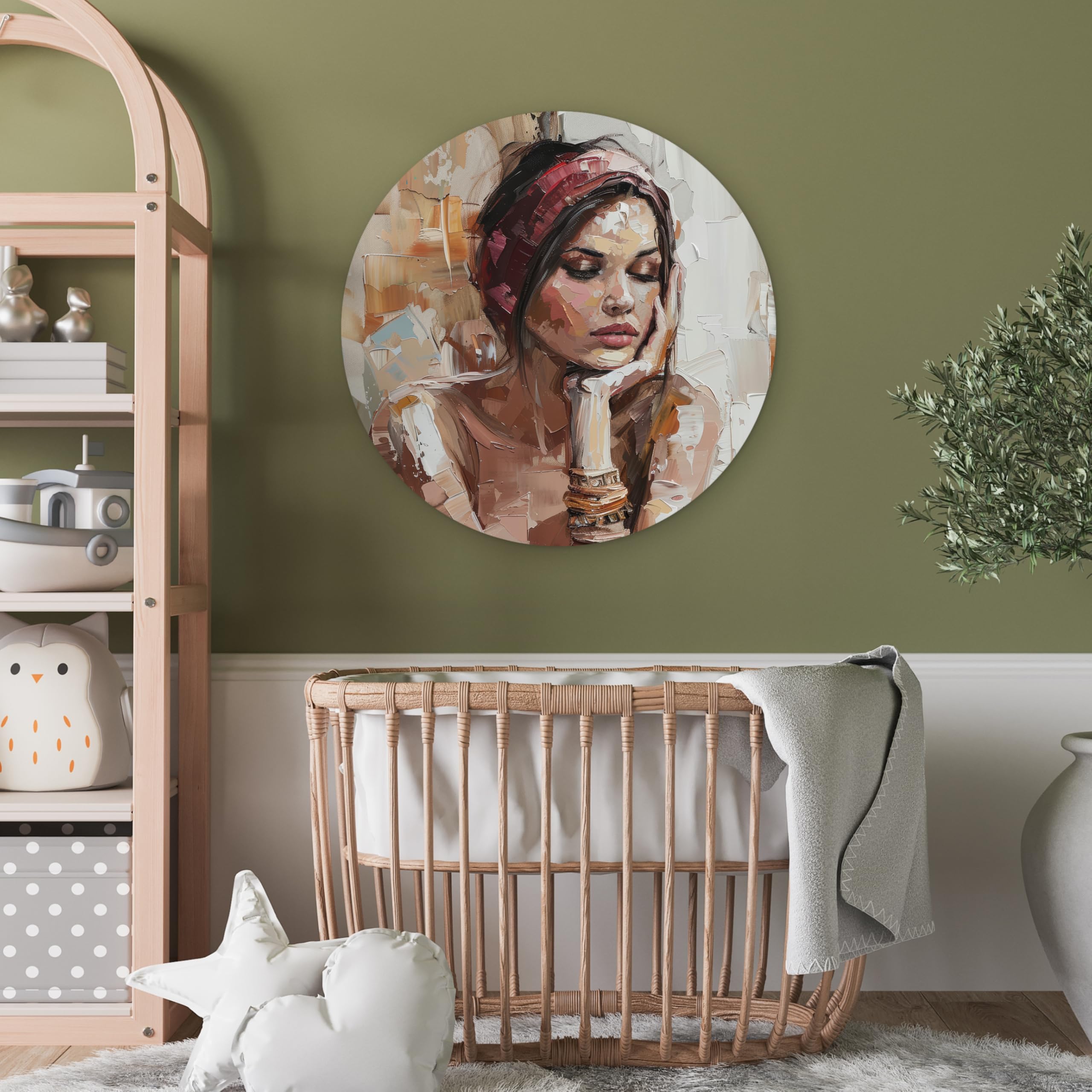 MuchoWow© Quadro Rotondo Ø60 cm Salotto Ufficio Cuadro Moderne Finestre Design Murale Bedroom Stanza Fiori Natura Soggiorni Grande Pareti Donna - Sguardo pittorico - Ritratto - Moderno