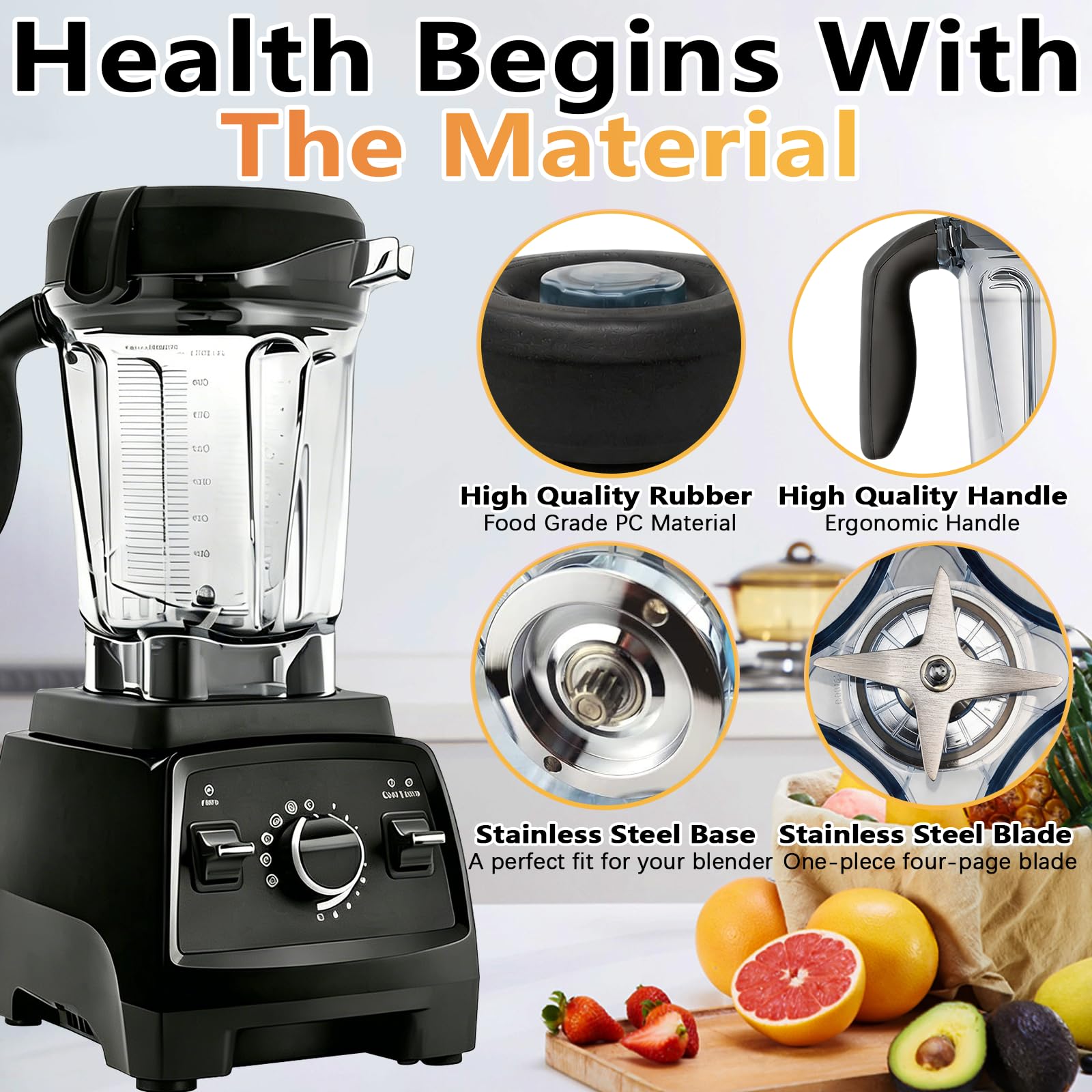Mixbehälter, 64 oz Entsafterbecher mit Deckel, Messerverschluss und Klinge aus Edelstahl für Vitamix 750 5300 5200 7500 6300 Vm0102 Vm0103 Vm0197 E310 G/Classic C/Explorian/Commercial-Serie
