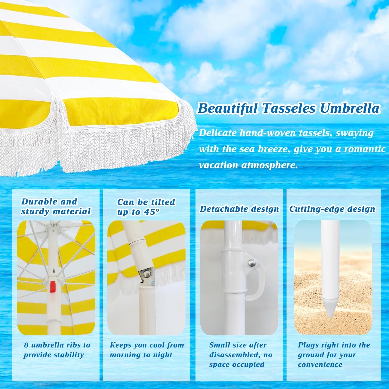 Przenośne Parasole Plażowe Parasol Ogrodowy Z Ochroną UV50+ Z Frędzlami Parasol Ogrodowy Z Frędzlami W Żółto-białe Paski Parasol Ogrodowy Z Uchylnym Parasolem Ogrodowym Parasole Zewnętrzne /180 Cm