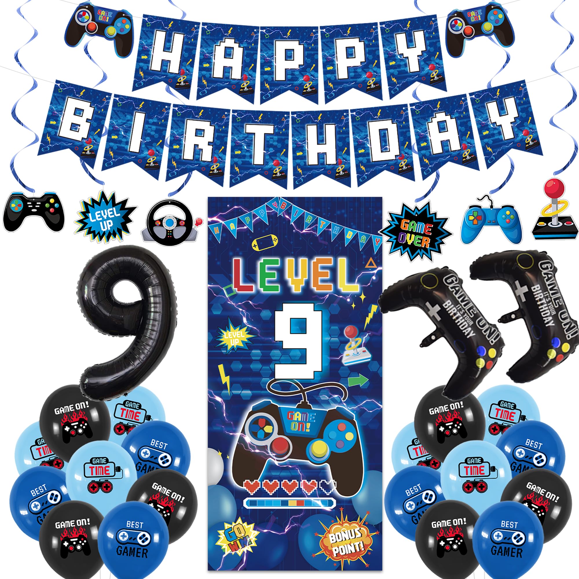 Vlipoeasn Blue 9th Birthday Decorations for Boys, Video Game Level 9 Banner Backdrop Hanging Swirls for 9th Birthday Party, Gamer 9 Years Old Party