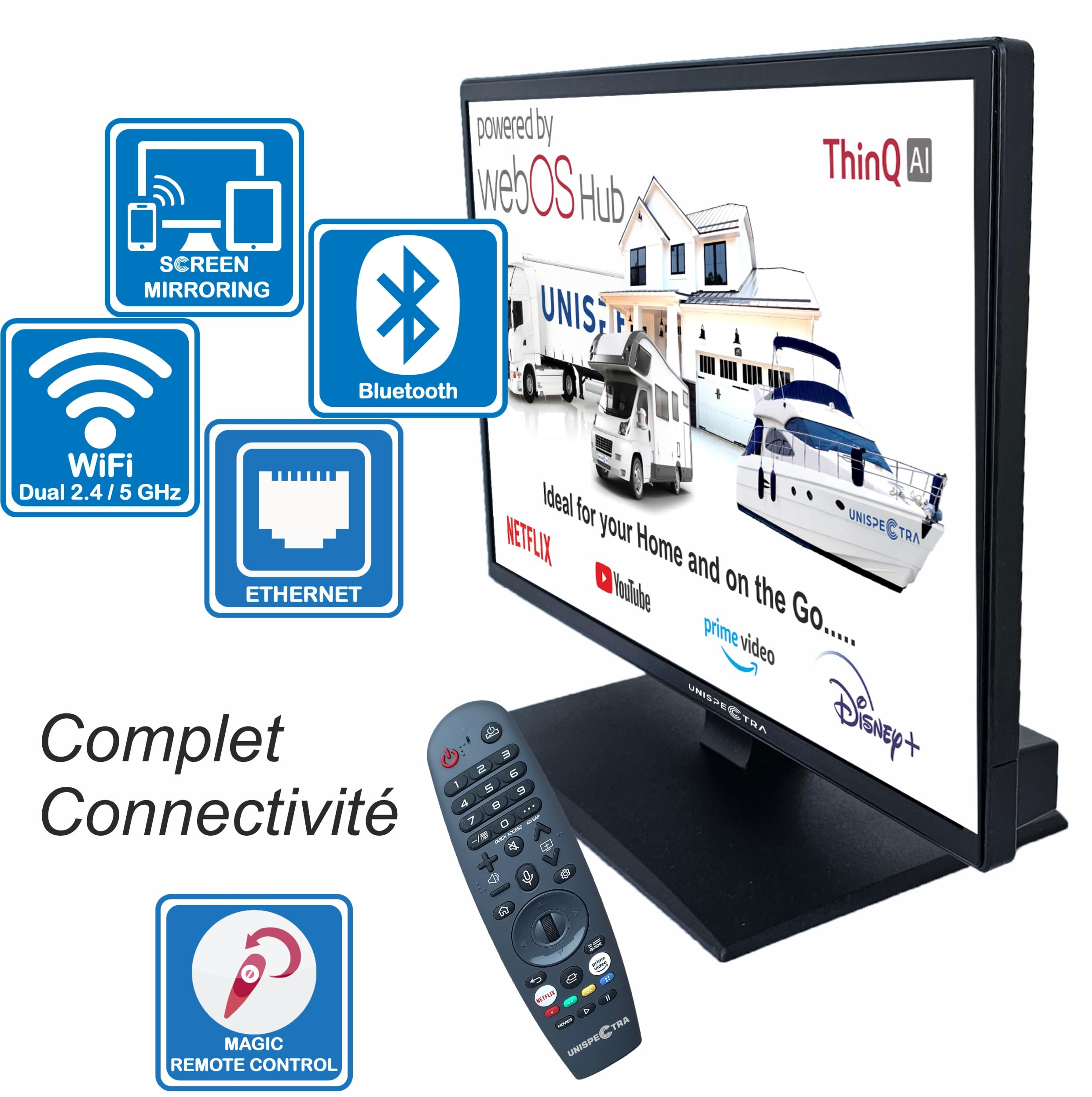 Unispectra ® 19” Smart TV (webOS) avec Télécommande Magique 12v HDR 230v 24v TV TNT et Tuner Sat 3xHDMI 2xUSB. Téléviseurs 12V pour Camping-Cars, caravanes, fourgonnettes, Bateaux