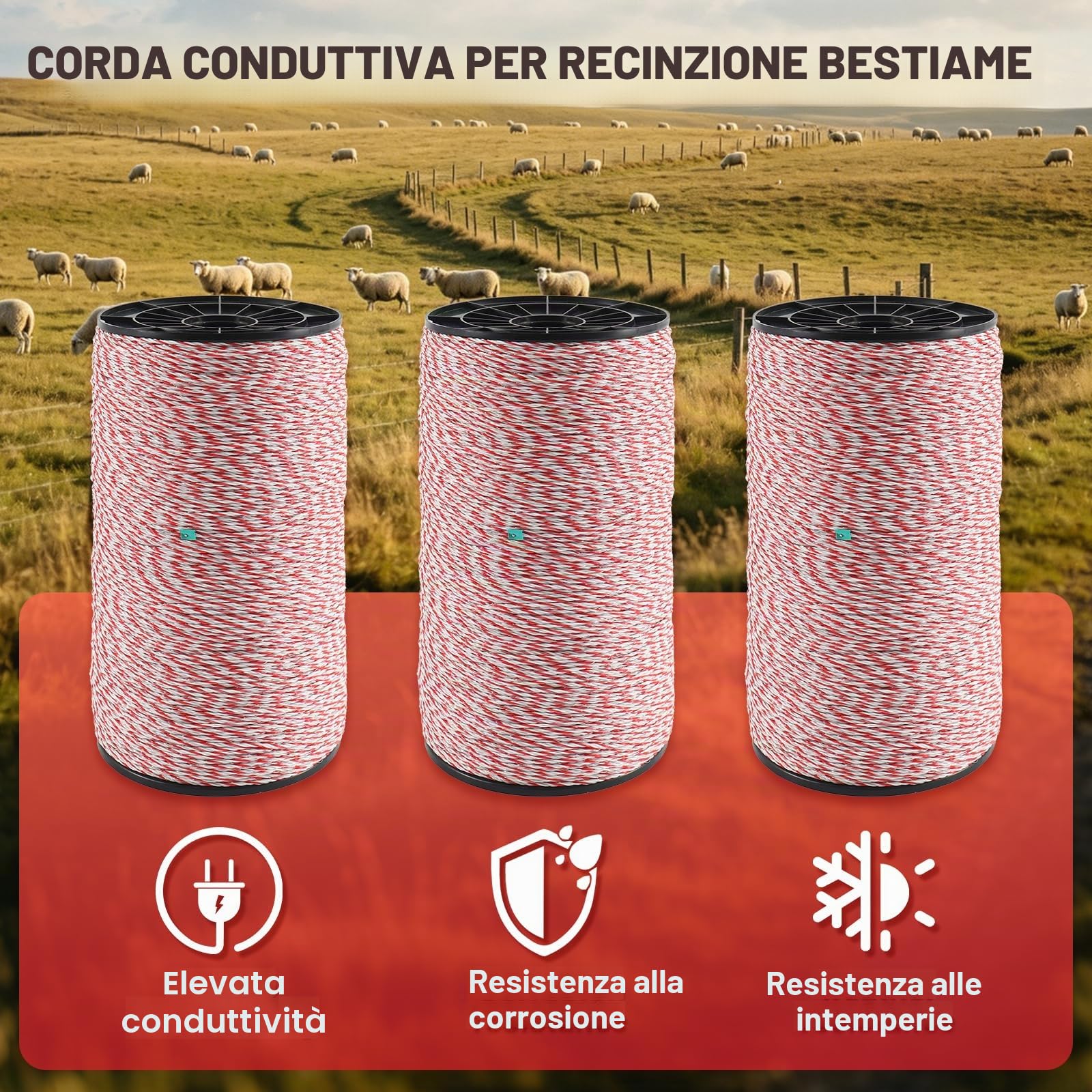 1000M Corda per Recinzioni Elettriche, Recinti Elettrici in Acciaio Inox con 6 Fili Conduttori, Filo Elettrico per Recinti Animali, Elettrificati Recinzioni per Animali Cinghiali Mucche