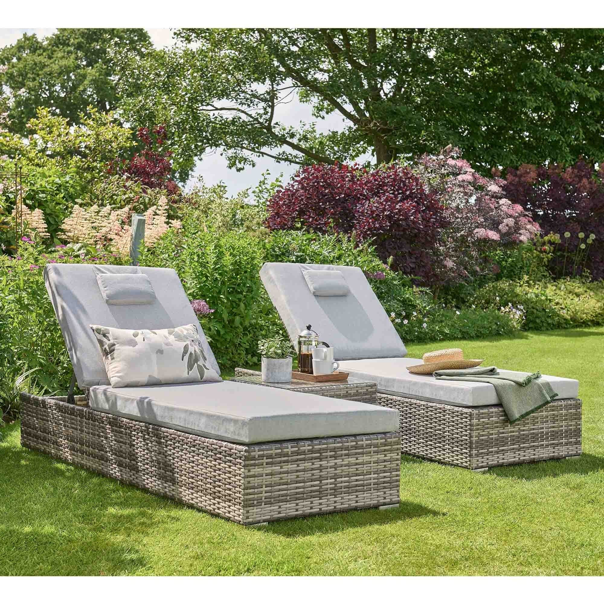 Homesdirect365 Grey Rattan Sun Lounger Set – Folding Garden Recliner Chairs for Patio & Outdoor Spaces