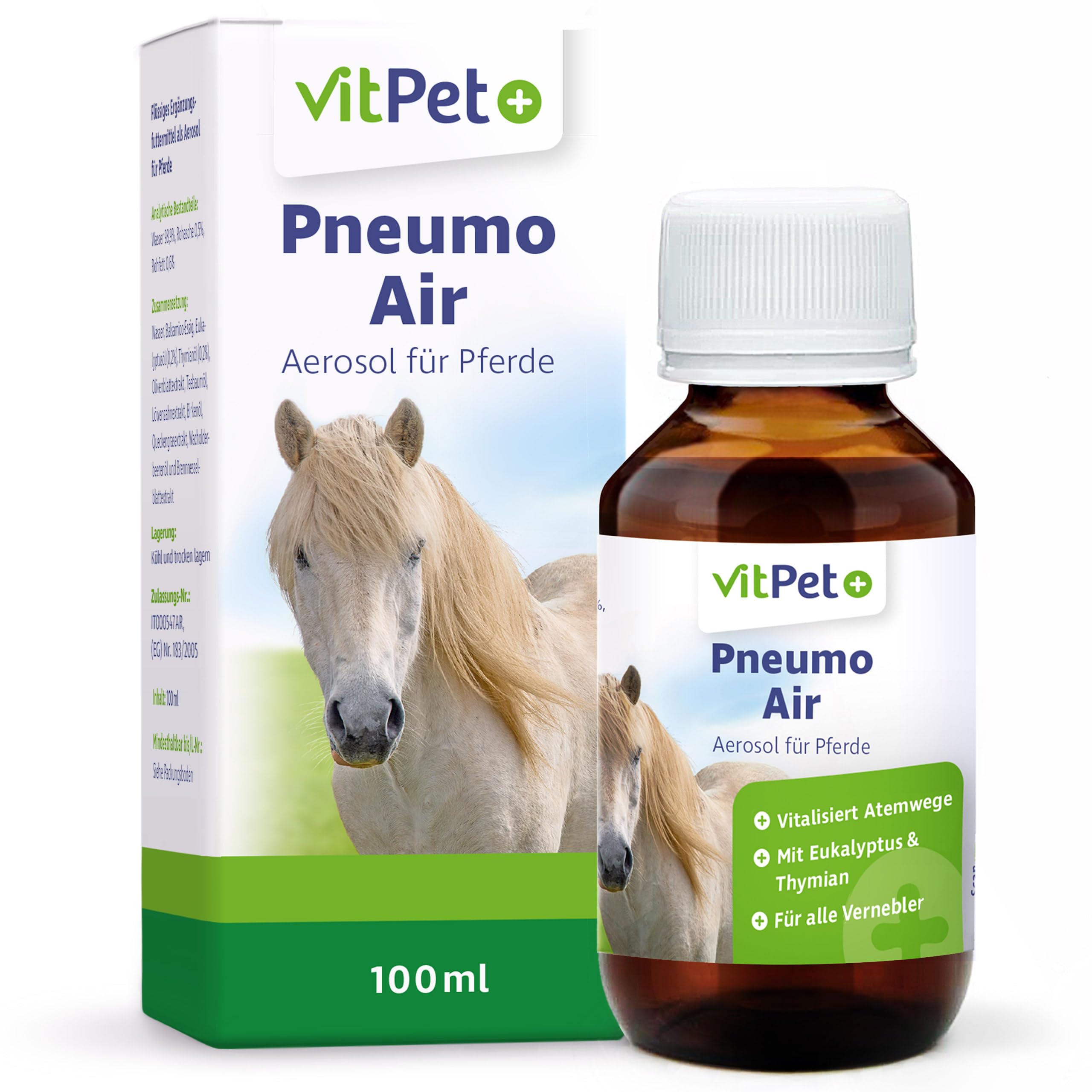 PneumoAir – Inhalationslösung für Pferde – Bei Husten Pferd – Schleimlösend & beruhigend – Mit Eukalyptus & Thymian – Für alle Vernebler – 100 ml