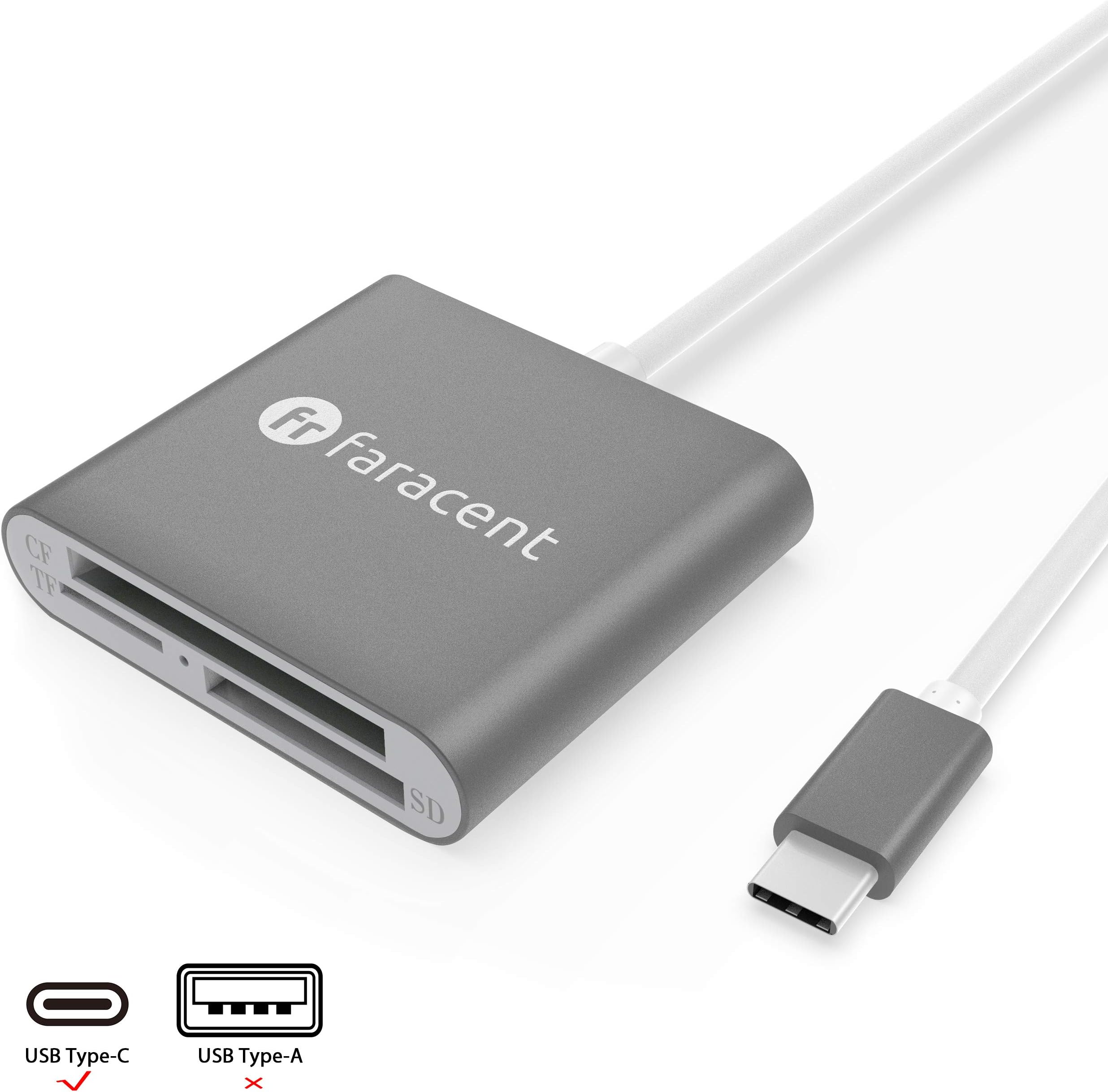 USB C to CF SD TF Card Reader | Faracent 3-Slot USB 3.0 Type C [Thunderbolt 3] Superspeed Memory Card Adapter, MacBook/iPad Pro/Chromebook/Surface Book 2/Samsung Galaxy and More, Space Grey