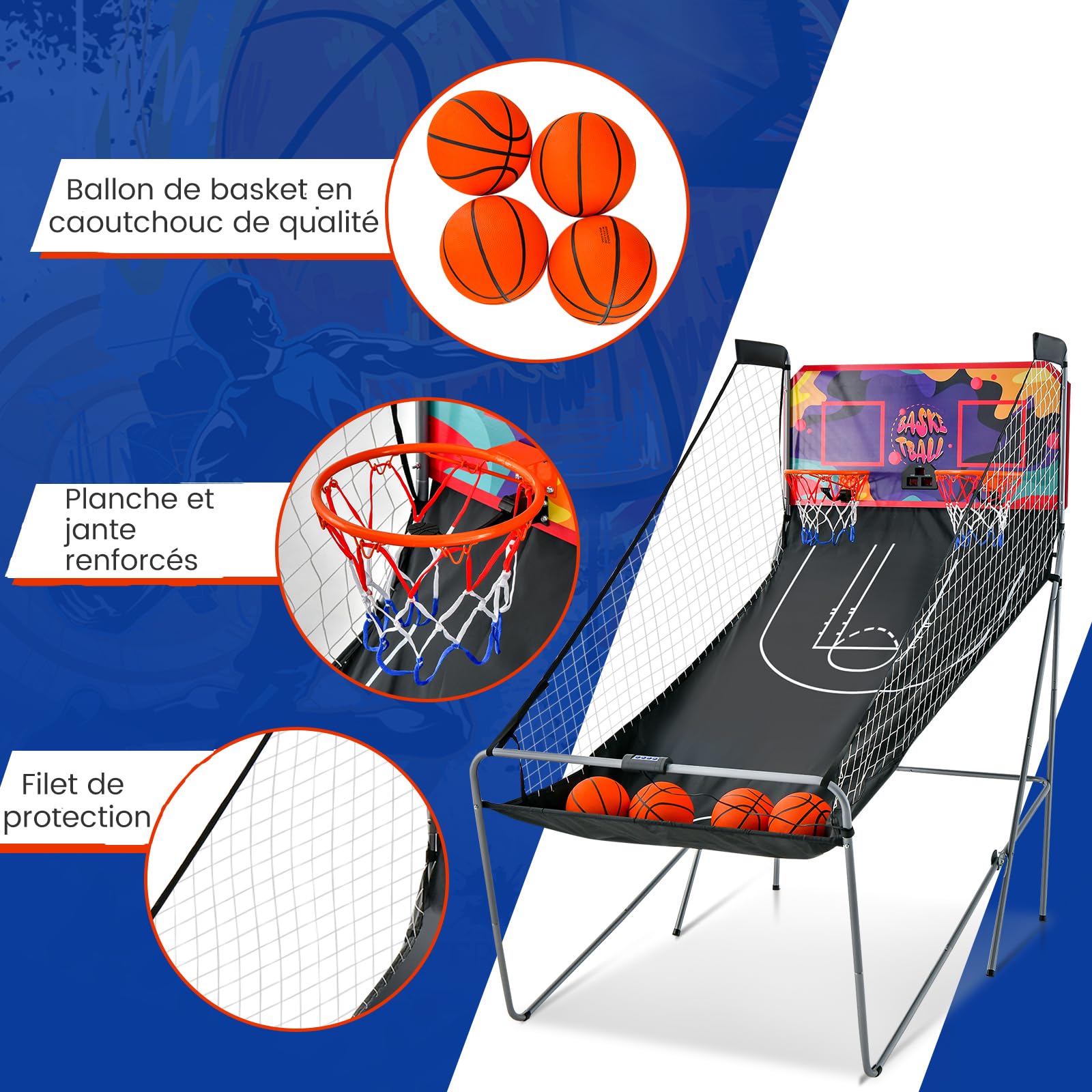 GYMAX Panier de Basket-Ball, Jeu d'Arcade de Basket-Ball Pliable à Double Tir, avec 8 Mode de Jeu, Score Électronique, 4 Balles, Pompe, pour Extérieur et Intérieur, Installation Facile
