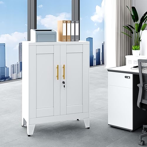 Miniatura 6 de Armario de almacenamiento de piso blanco de 36 pulgadas, armarios de almacenamiento de metal con cerradura con 2 puertas y 2 estantes ajustables,