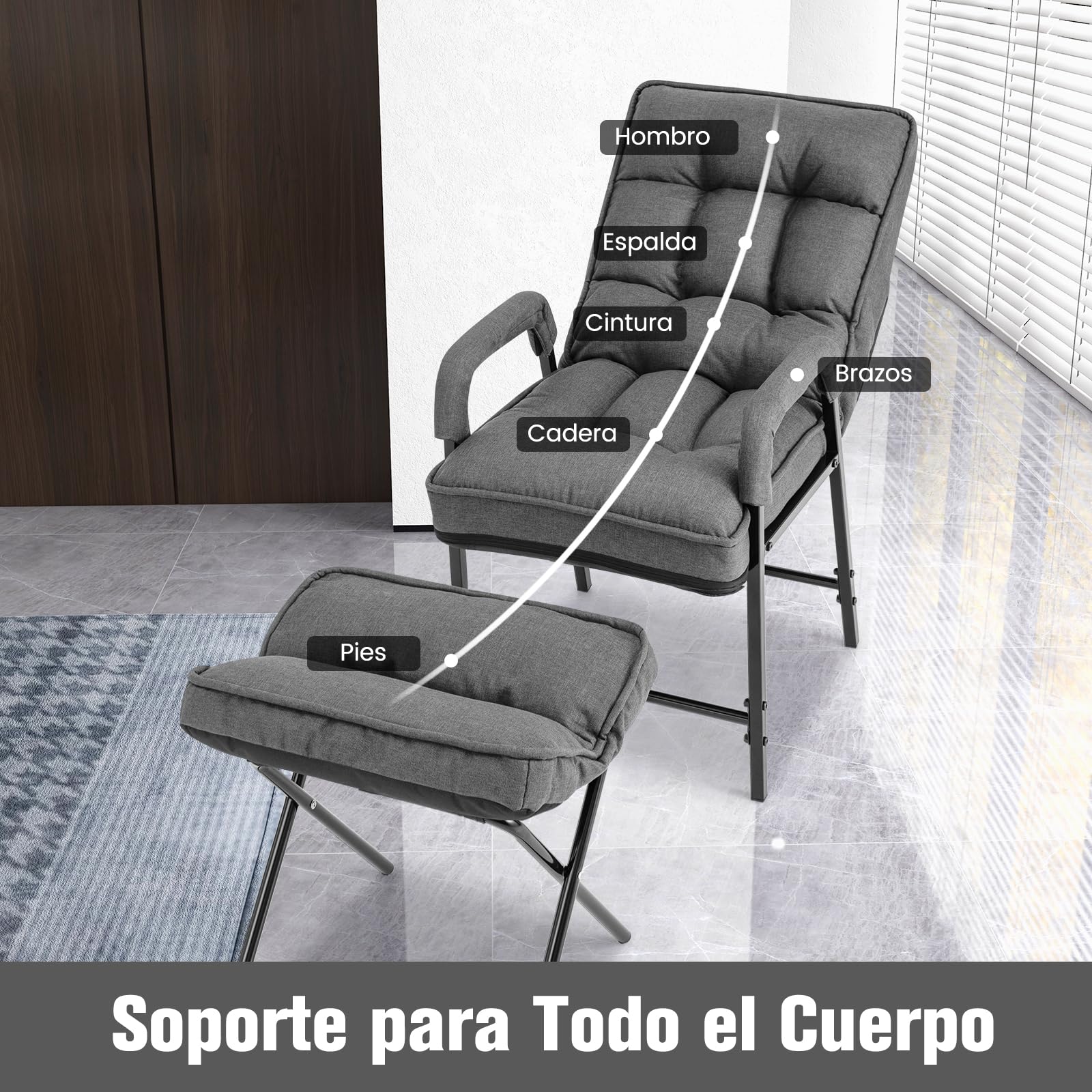 COSTWAY Silla Moderna con Otomana, Sillón de Tela de Lino con Respaldo Ajustable y Marco de Metal Sólido, Juego de Sillón Individual y Reposapiés Tapizados para Dormitorio, Sala de Estar (Gris)